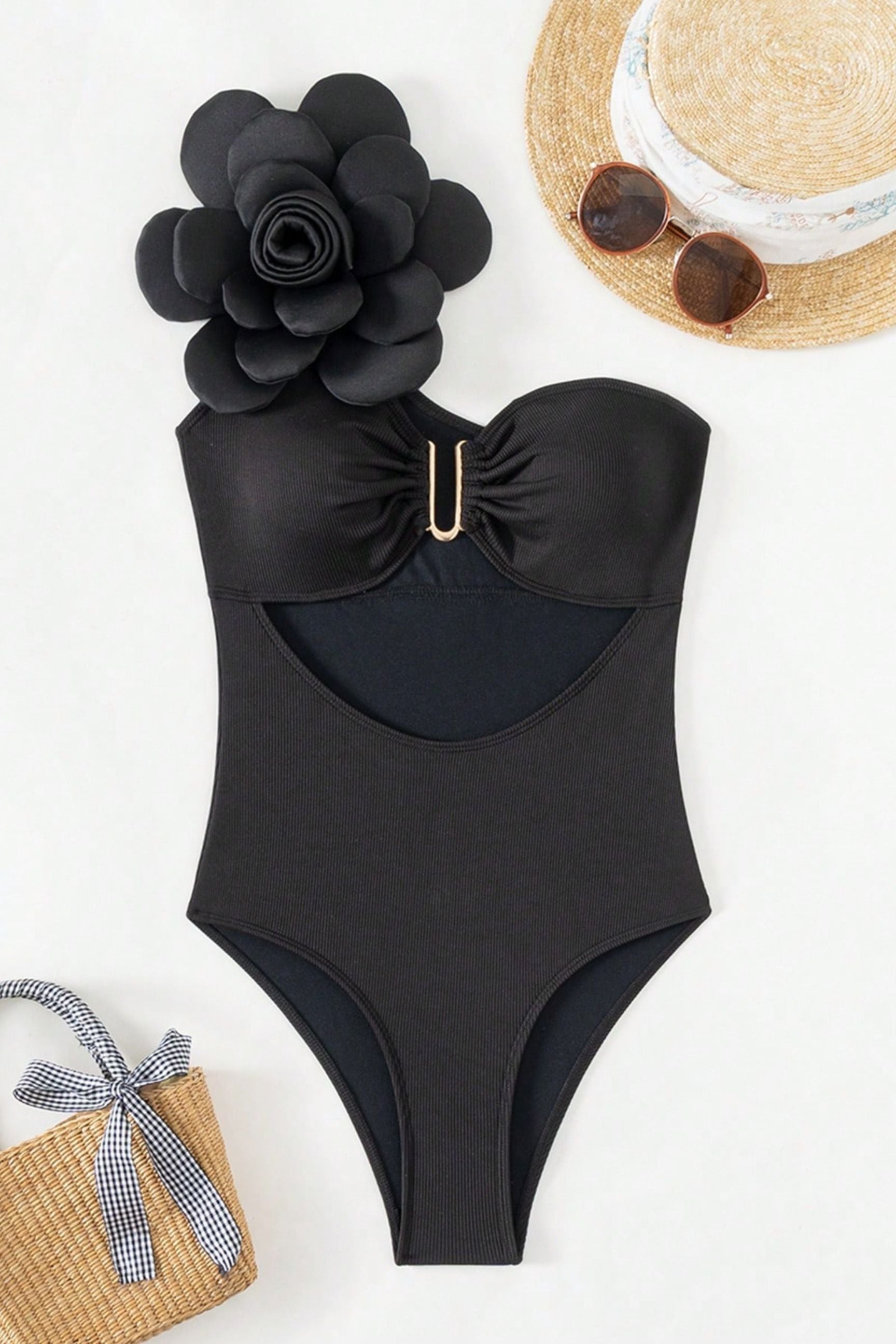 3d Flower Hollow Out One-Piece Swimsuit