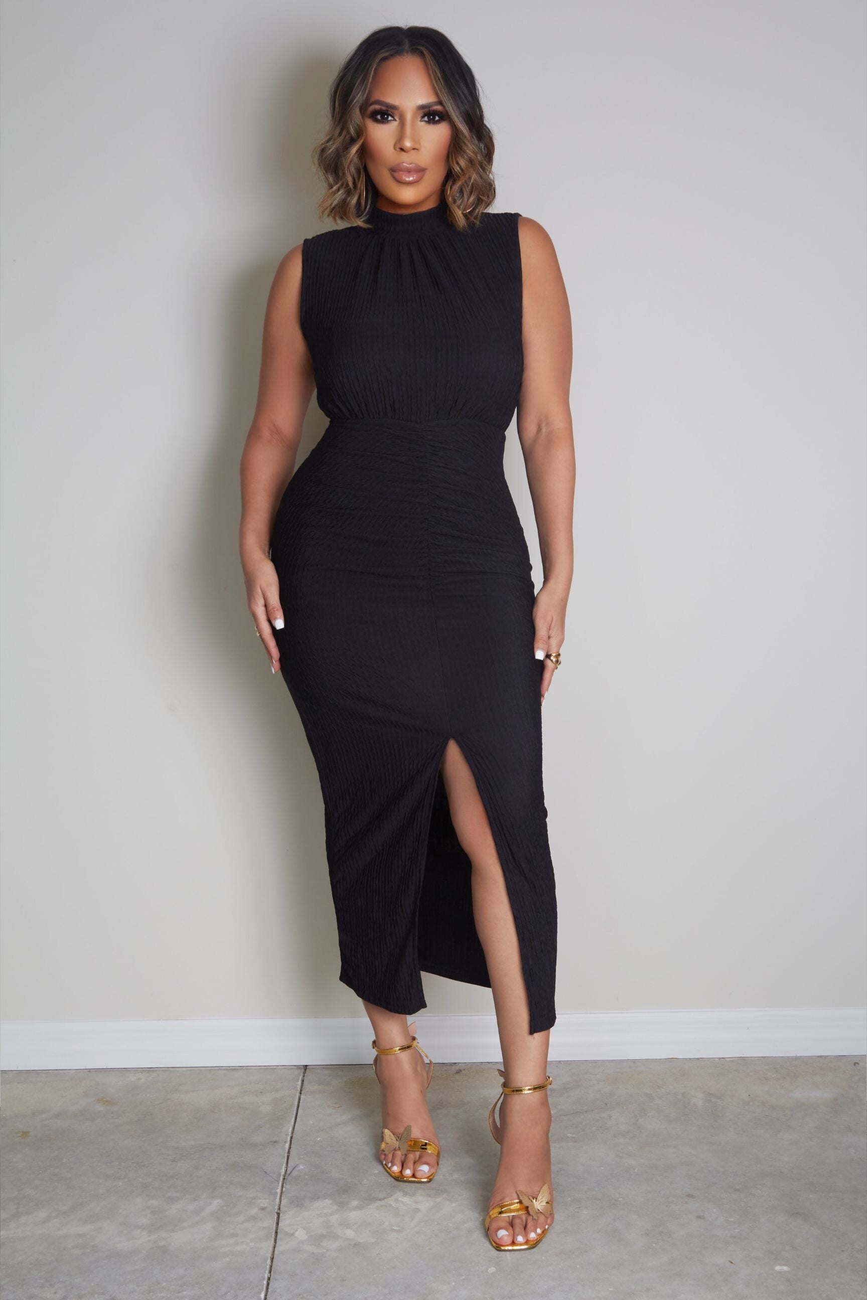 Andi Mock Neck Pleated Split Sleeveless Dress