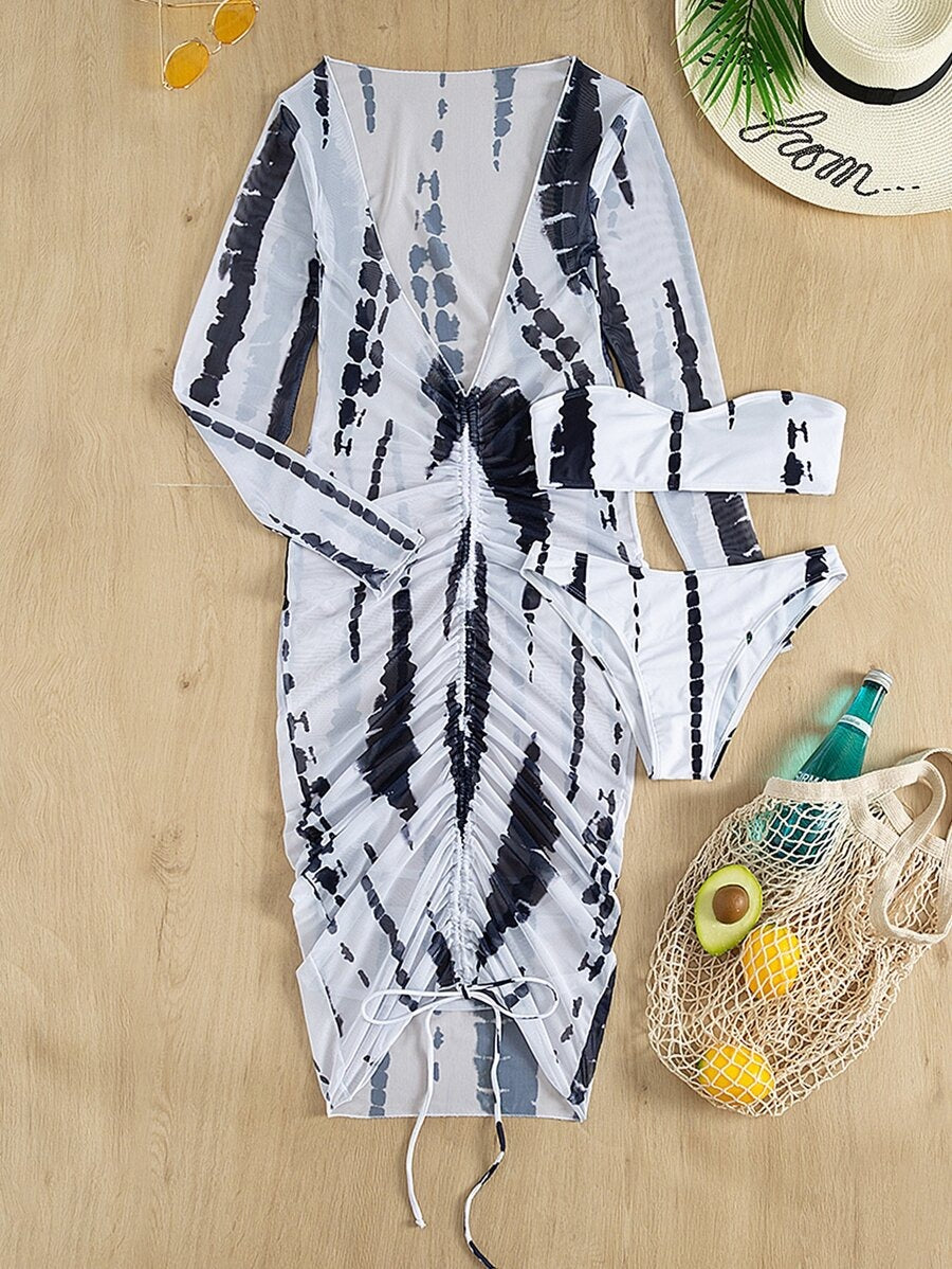 Bikini & Drawstring Cover Up Dress 3 Piece Bathing Set