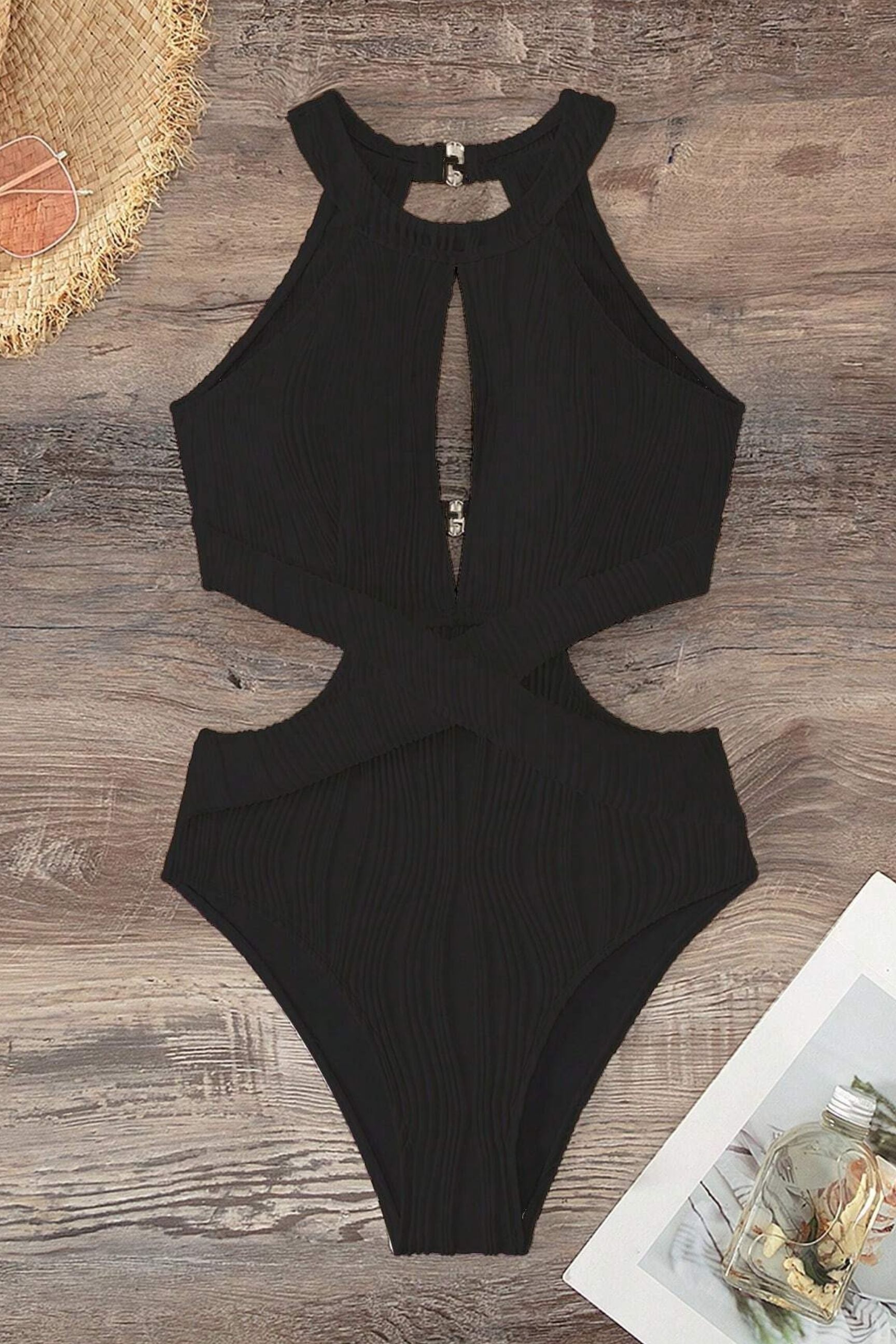 Cut Out Waist Halter One Piece Swimsuit