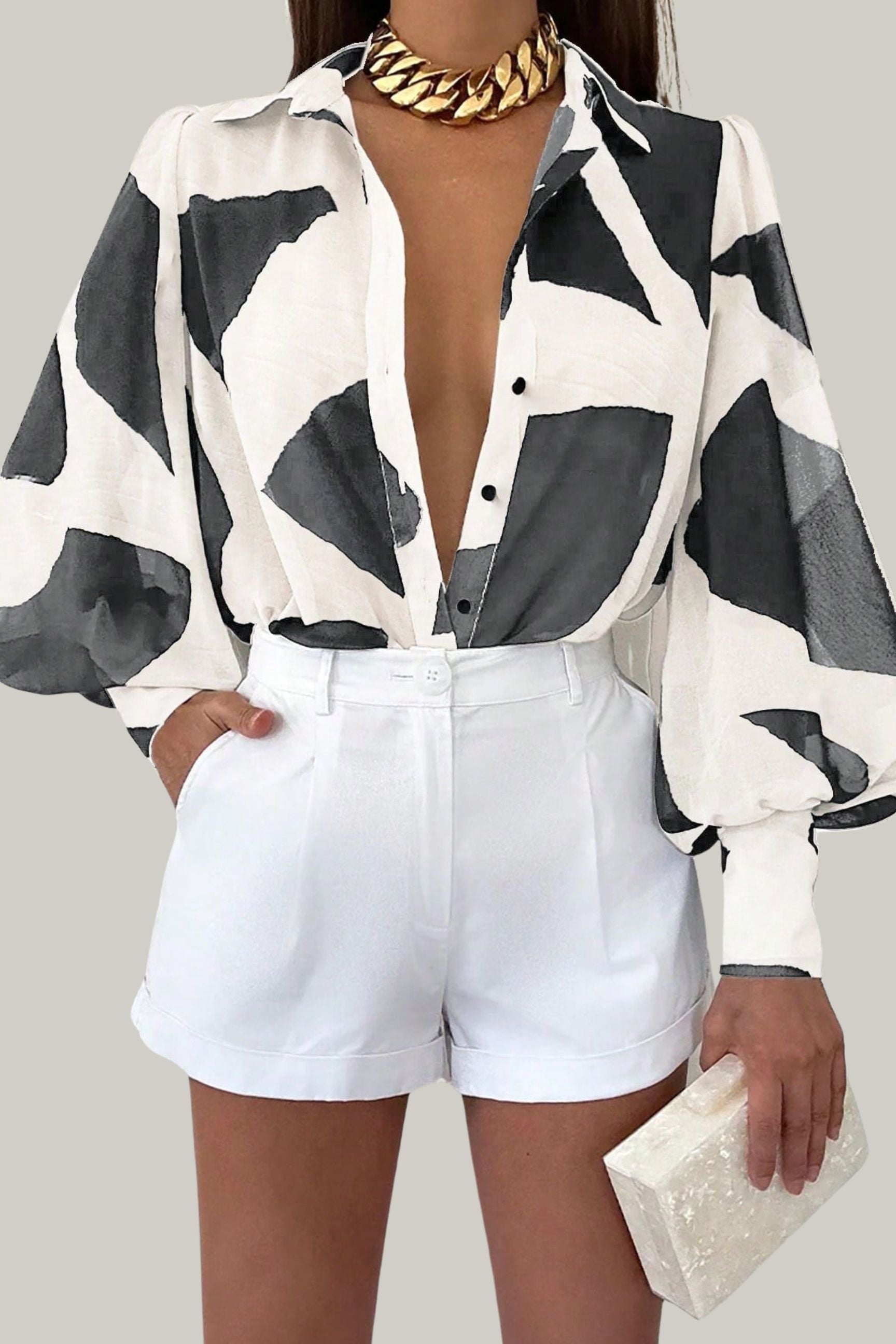 Stephany Geometric Print Lantern Sleeve Blouse