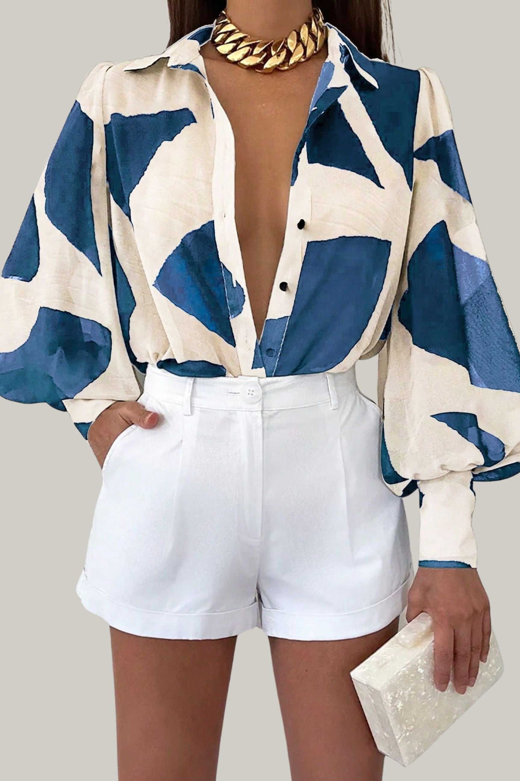 Stephany Geometric Print Lantern Sleeve Blouse