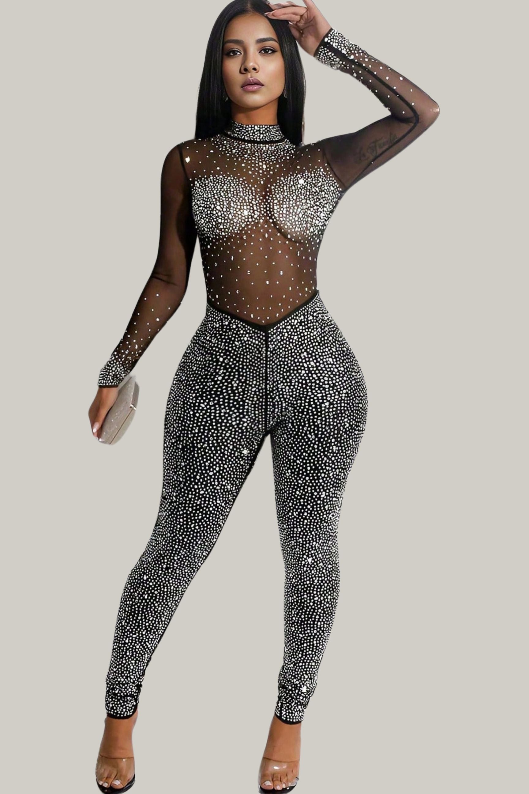 Kani Studded Mesh Insert Mock Neck Jumpsuit
