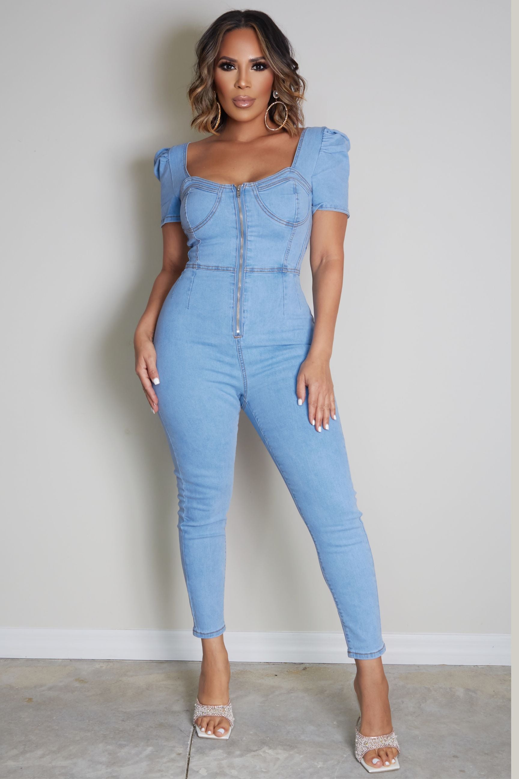 Leyla Puff Sleeve Bustier Denim Jumpsuit