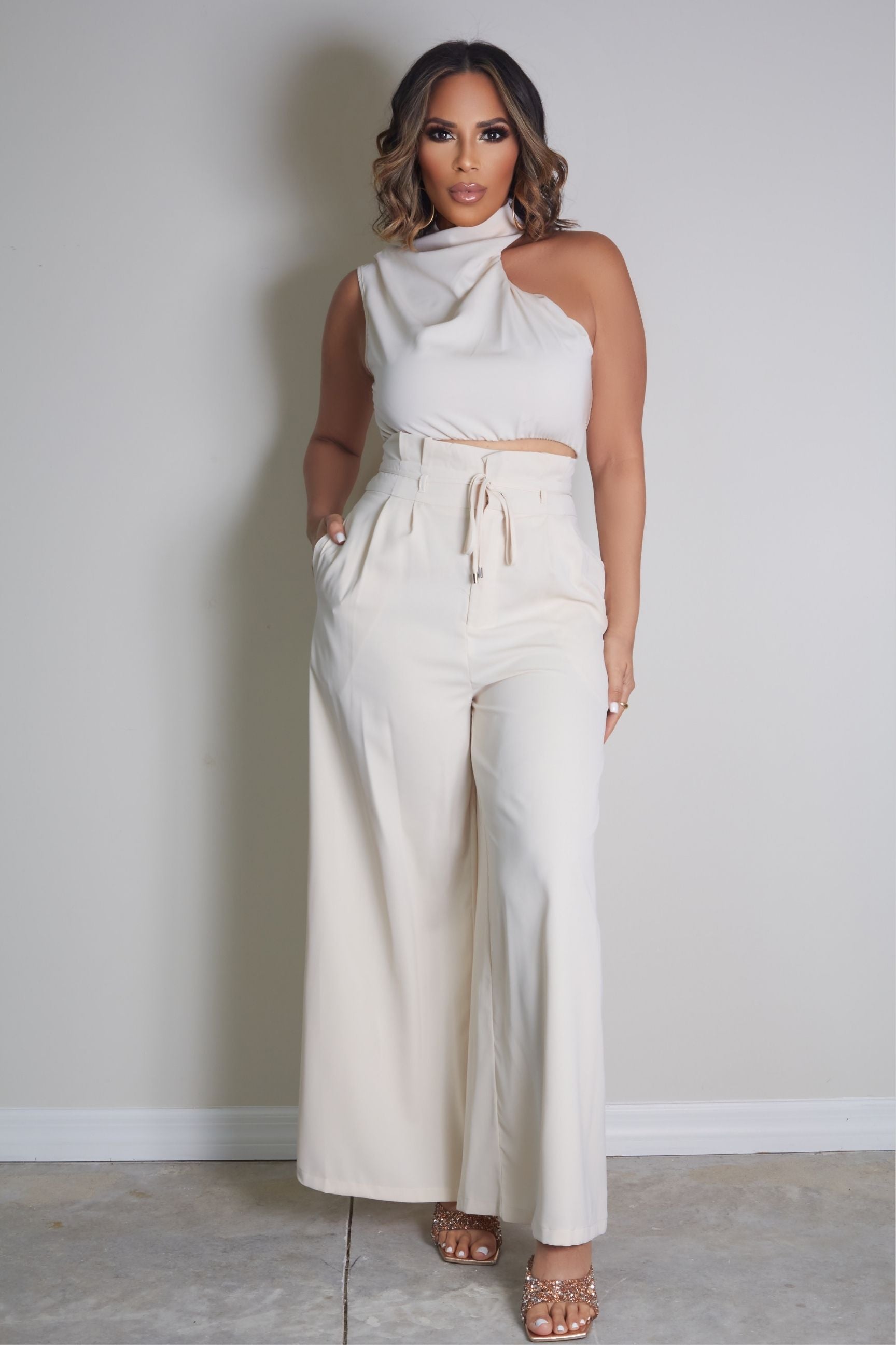 Mia Stacked Neck Top And Wide Leg Pants Two Piece Set
