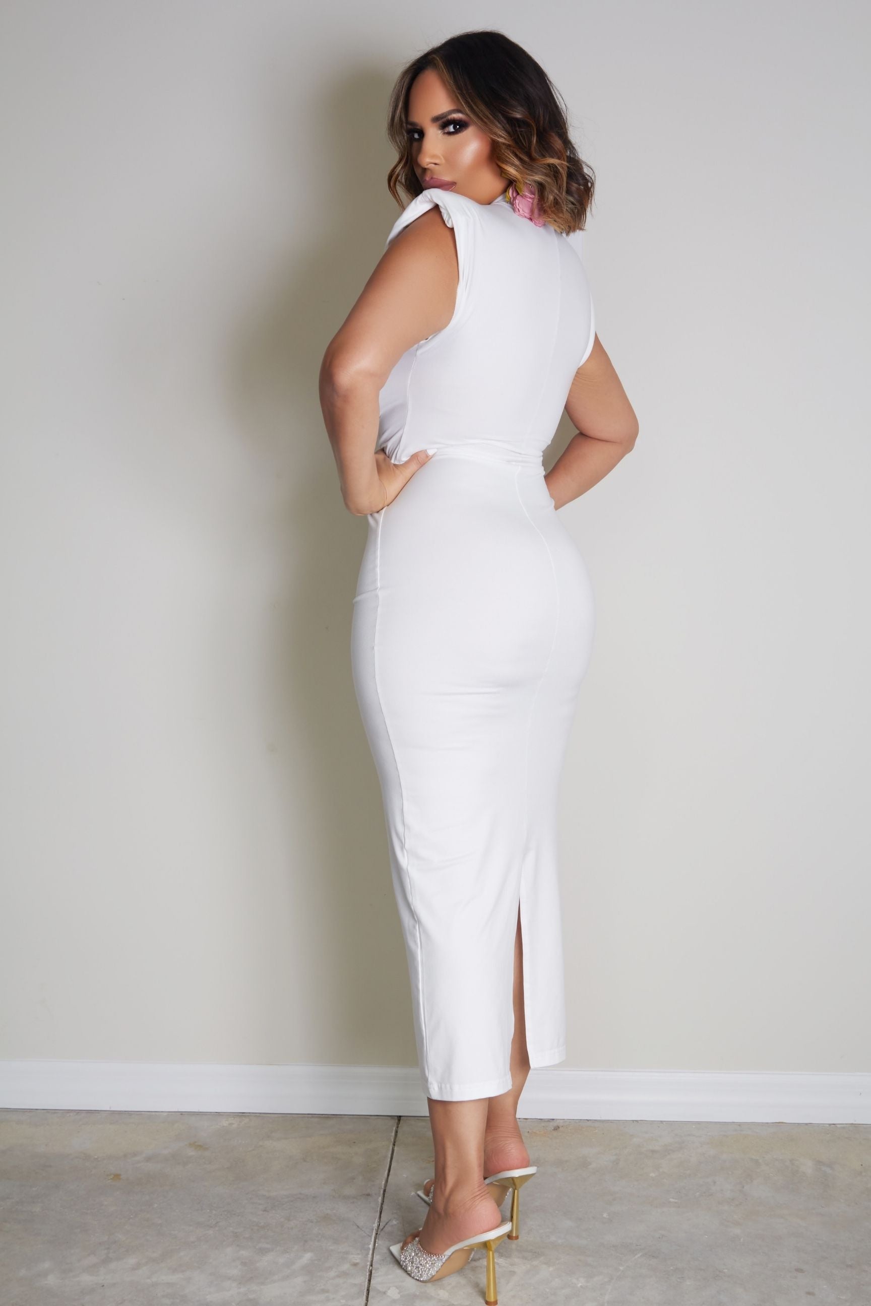 Miranda Mock Neck Padded Shoulder Bodycon Dress