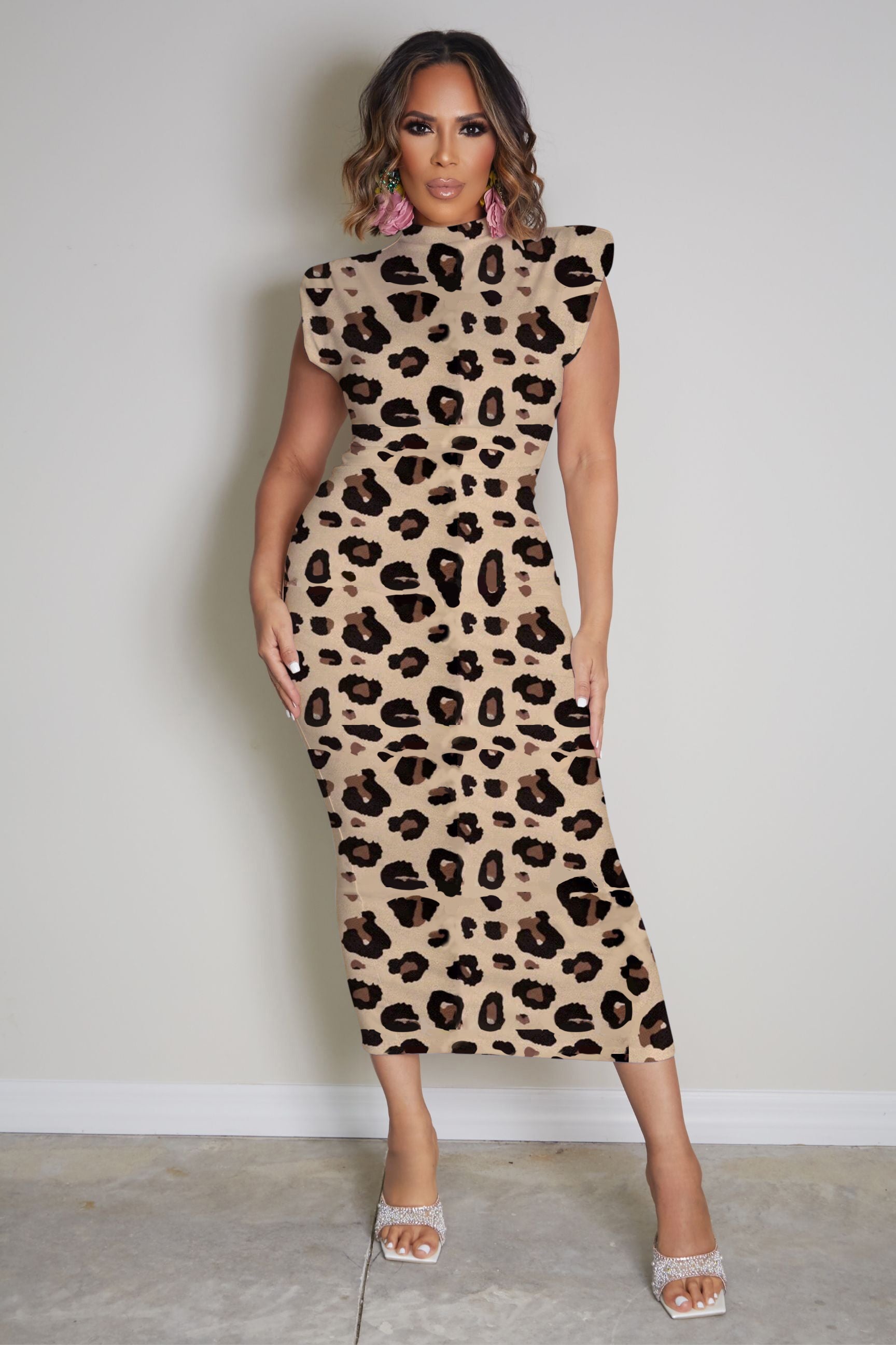 Miranda Mock Neck Padded Shoulder Bodycon Dress