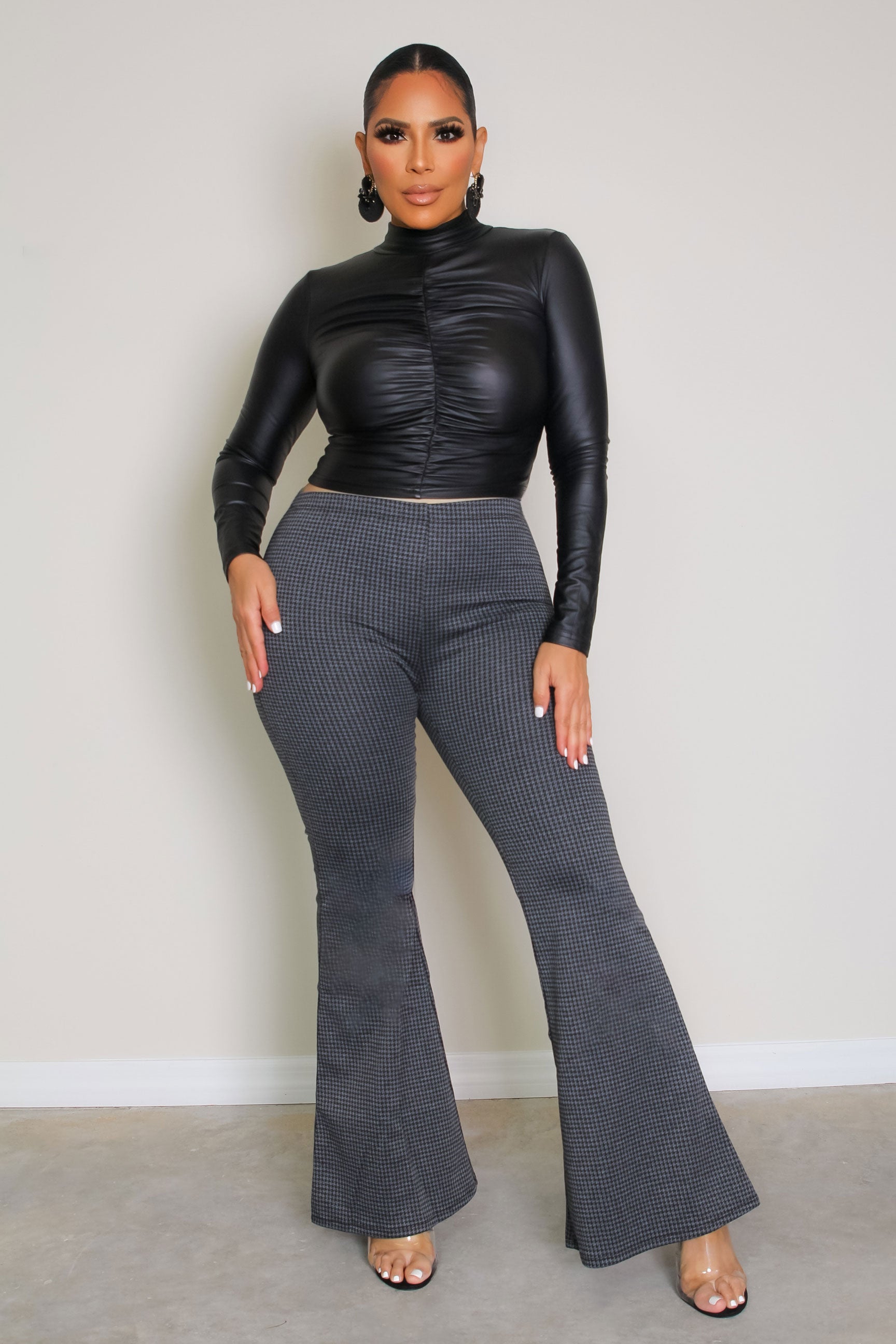 Mock Neck Ruched PU Leather Crop Top