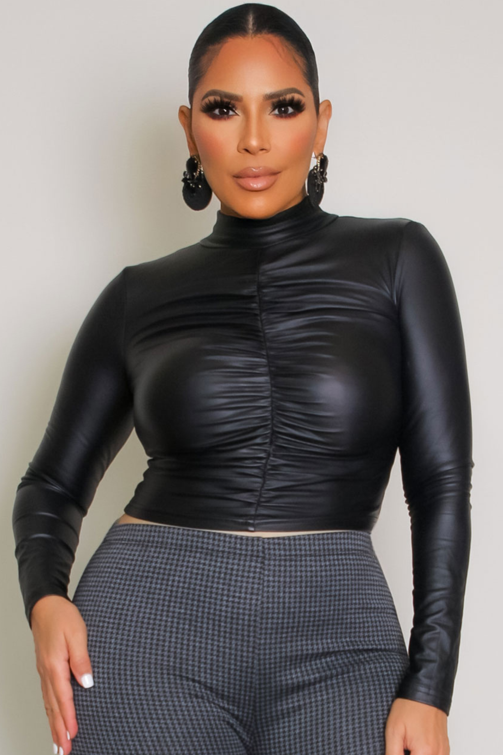 Mock Neck Ruched PU Leather Crop Top