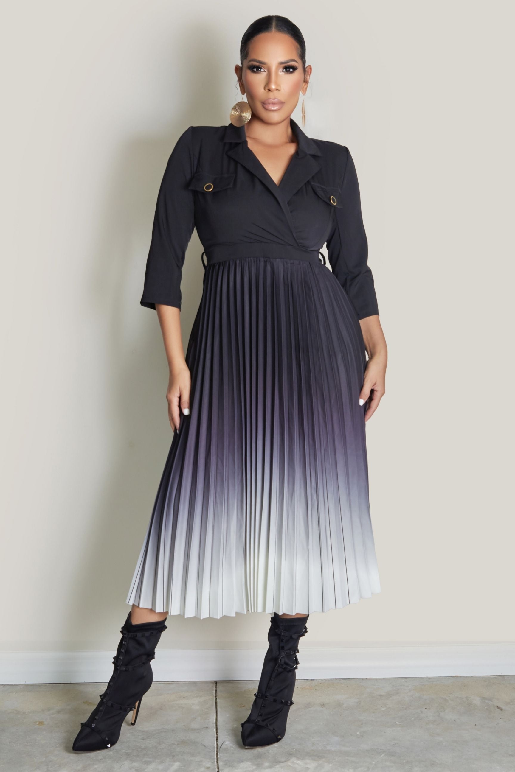 Ombre Pleated Skirt Shirt Dress