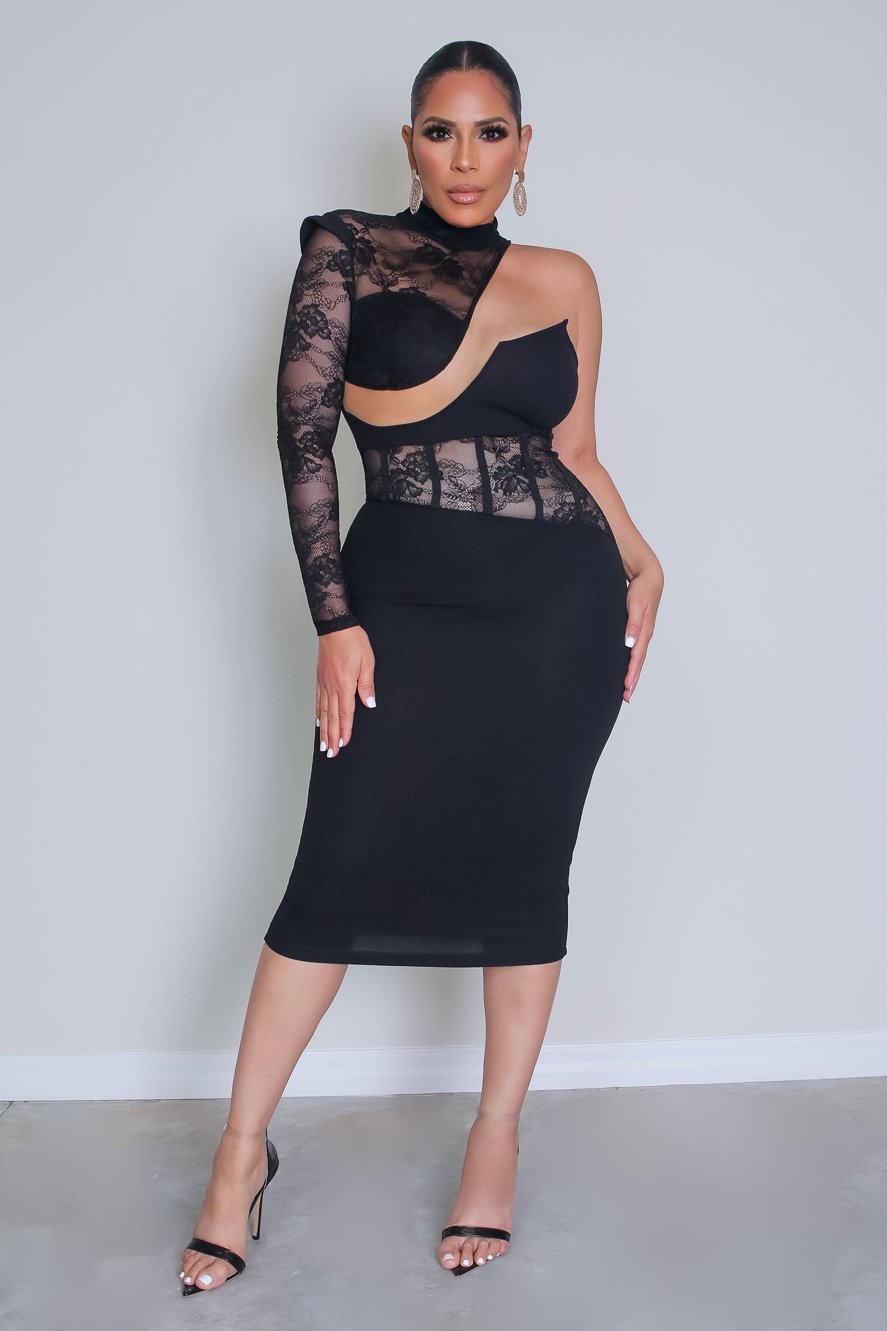 One Shoulder Lace Panel Bodycon Dress
