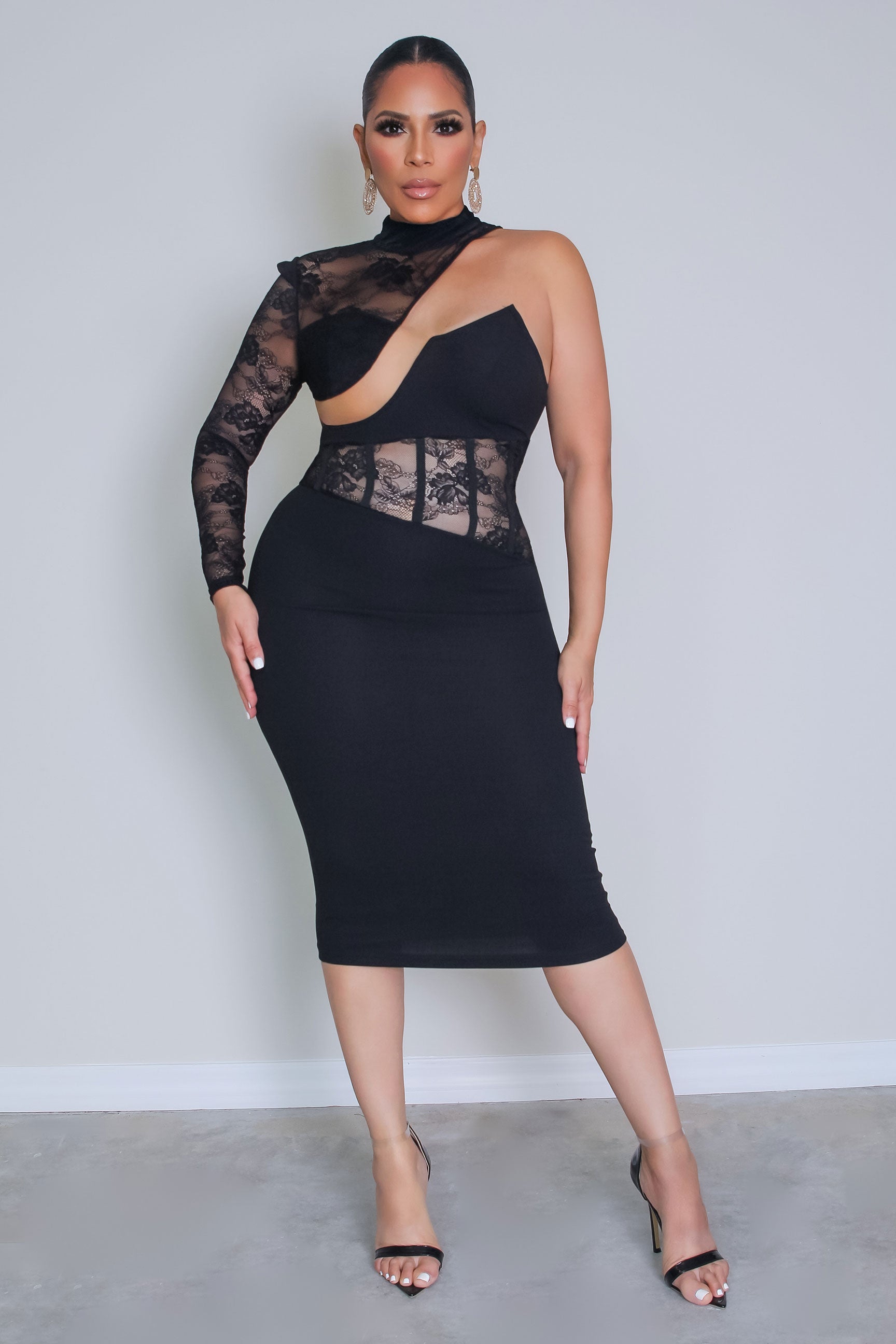 One Shoulder Lace Panel Bodycon Dress