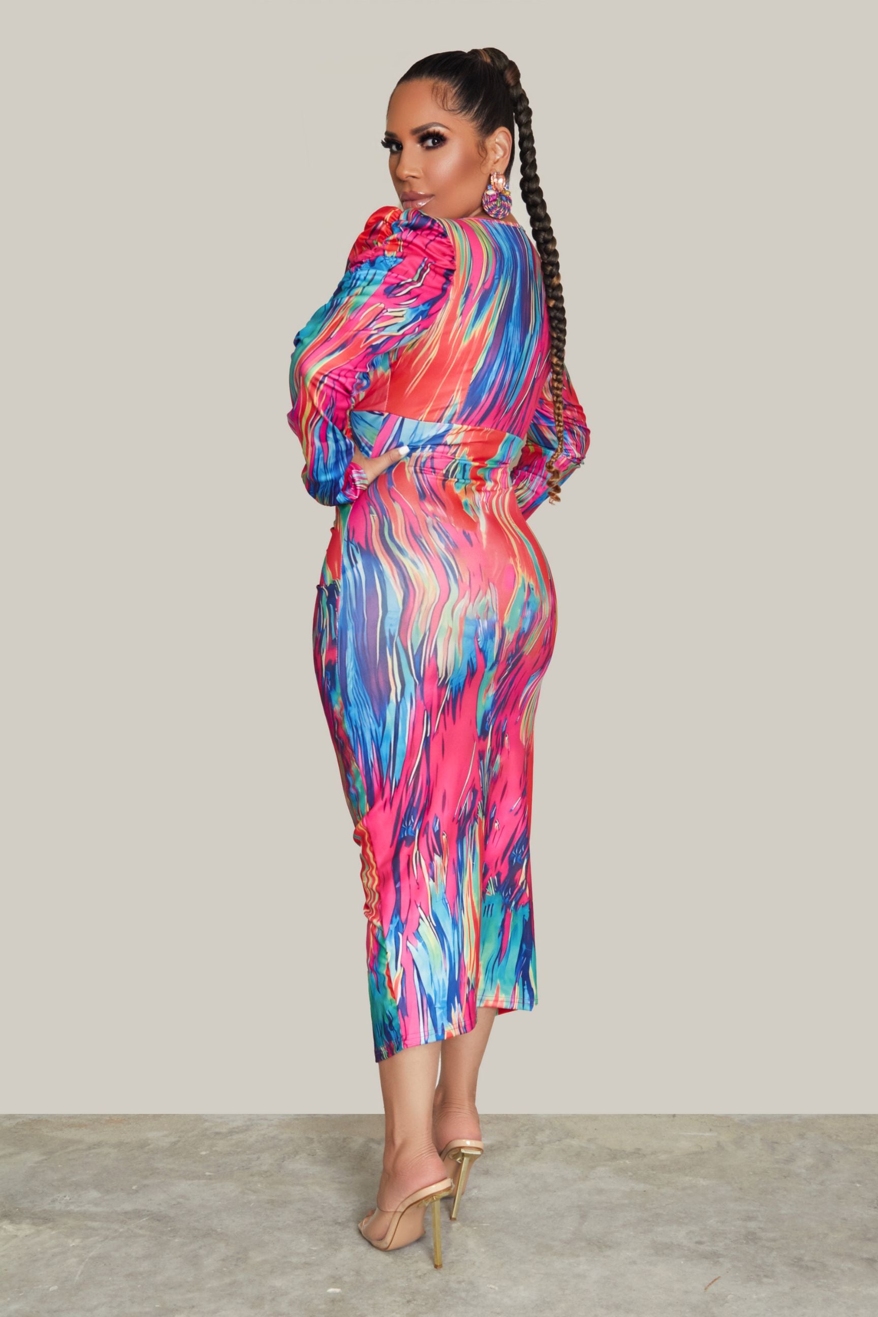 Multicolor Print Ruched Split Thigh Dress