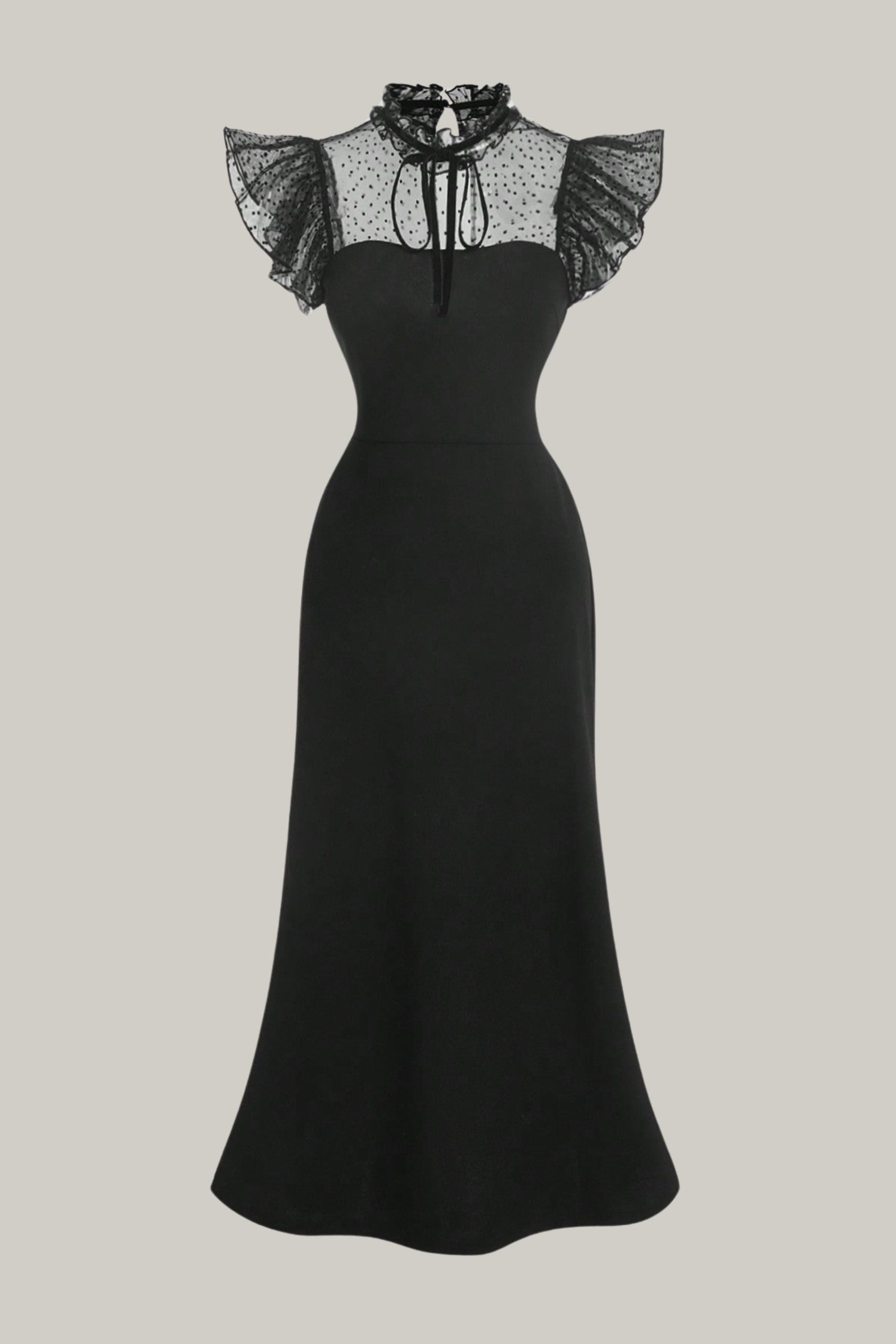 Tie Neck Contrast Mesh Long Dress