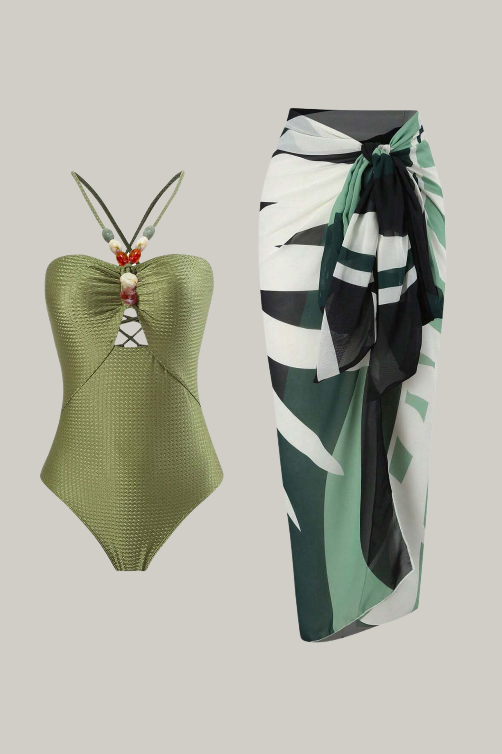 Vintage Bathing Suit & Chiffon Cover-Up Skirt Set