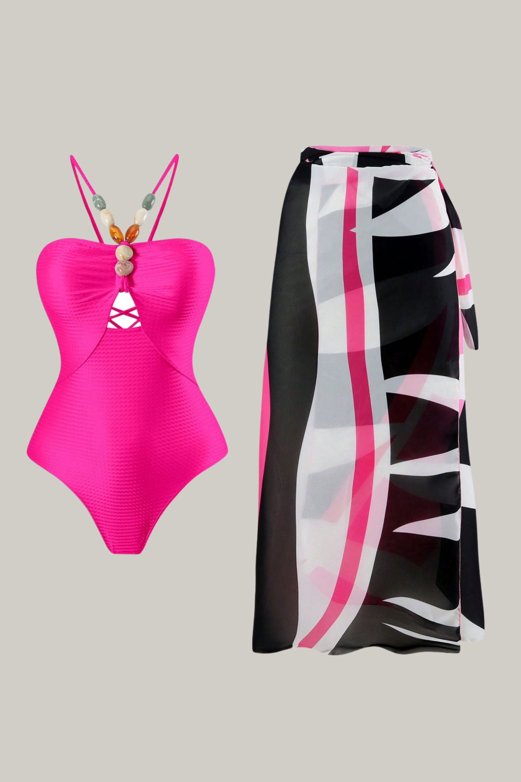 Vintage Bathing Suit & Chiffon Cover-Up Skirt Set