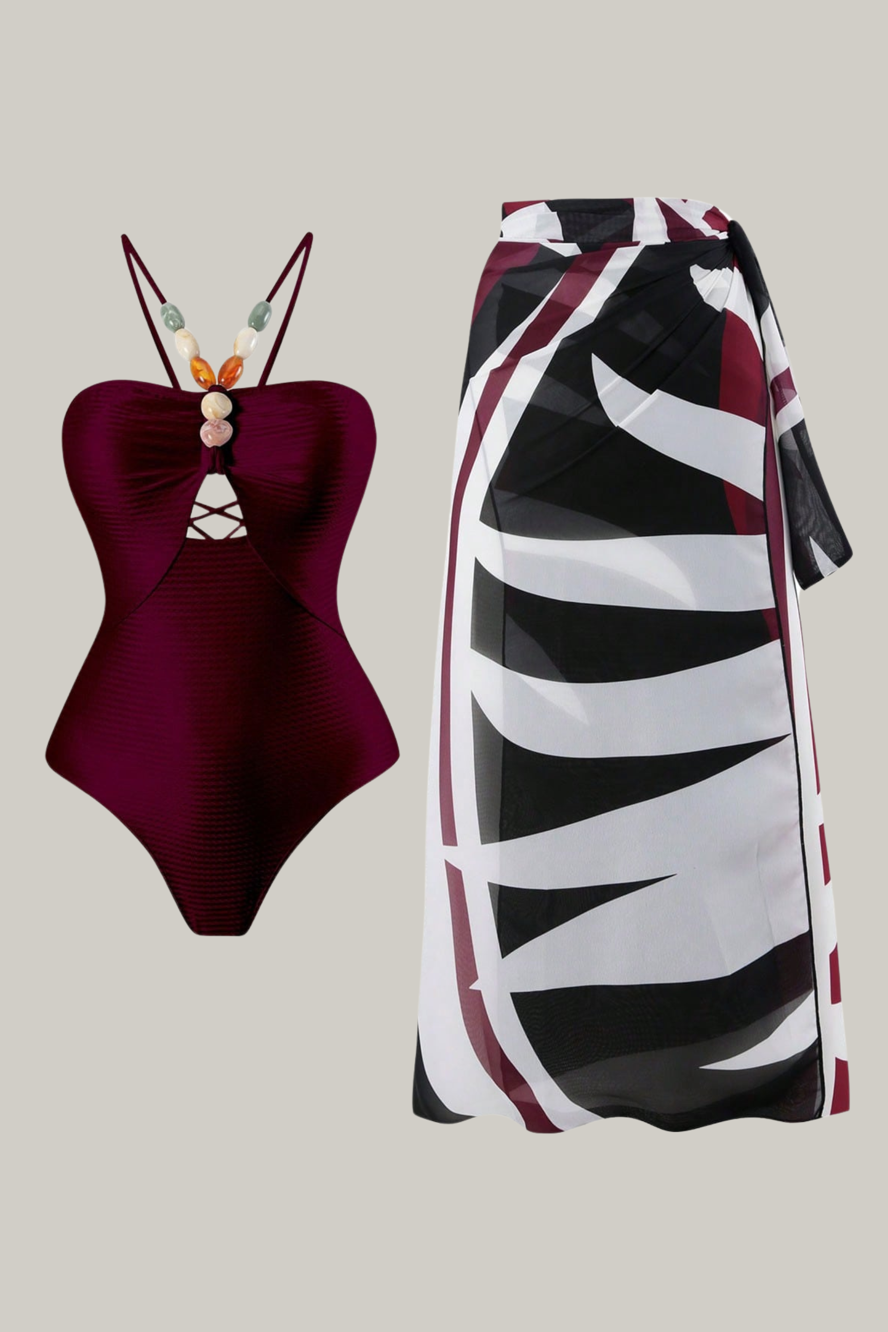 Vintage Bathing Suit & Chiffon Cover-Up Skirt Set