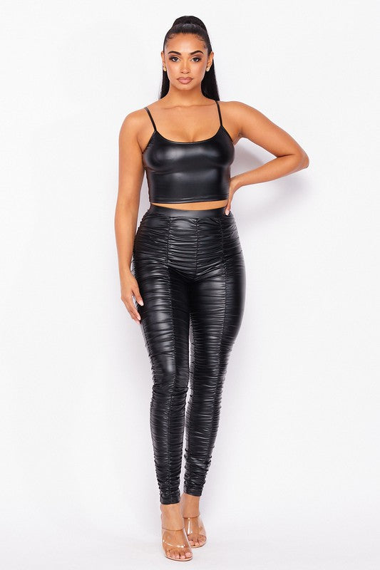 Marlee Faux Leather Ruched Leggings and Tank Set - MY SEXY STYLES