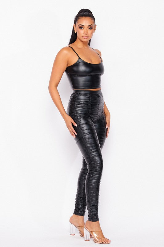 Marlee Faux Leather Ruched Leggings and Tank Set - MY SEXY STYLES