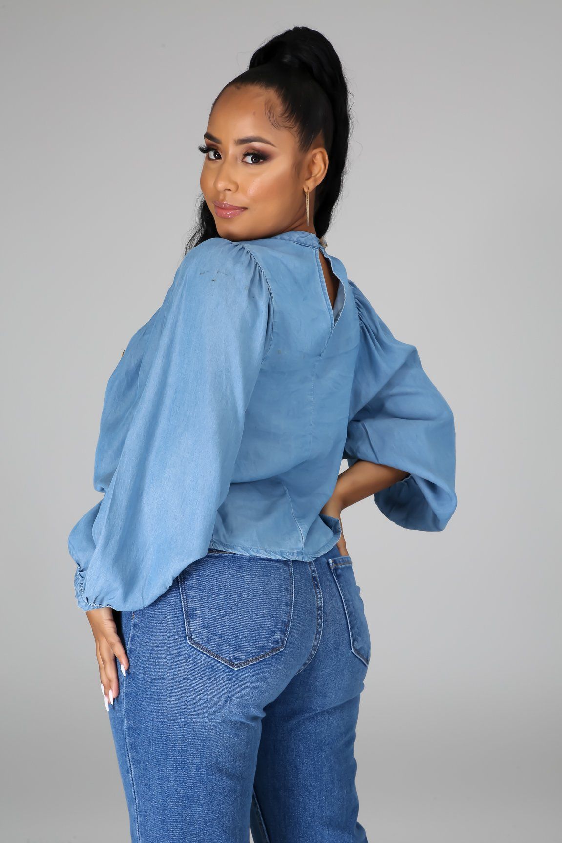 Celine Long Sleeves Denim Blouse - MY SEXY STYLES