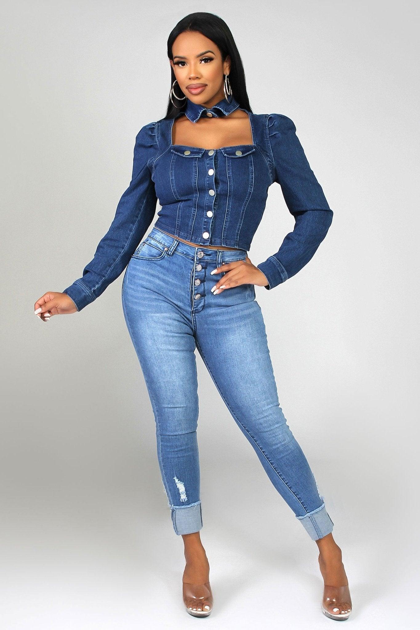 Denim Long Sleeve Tops