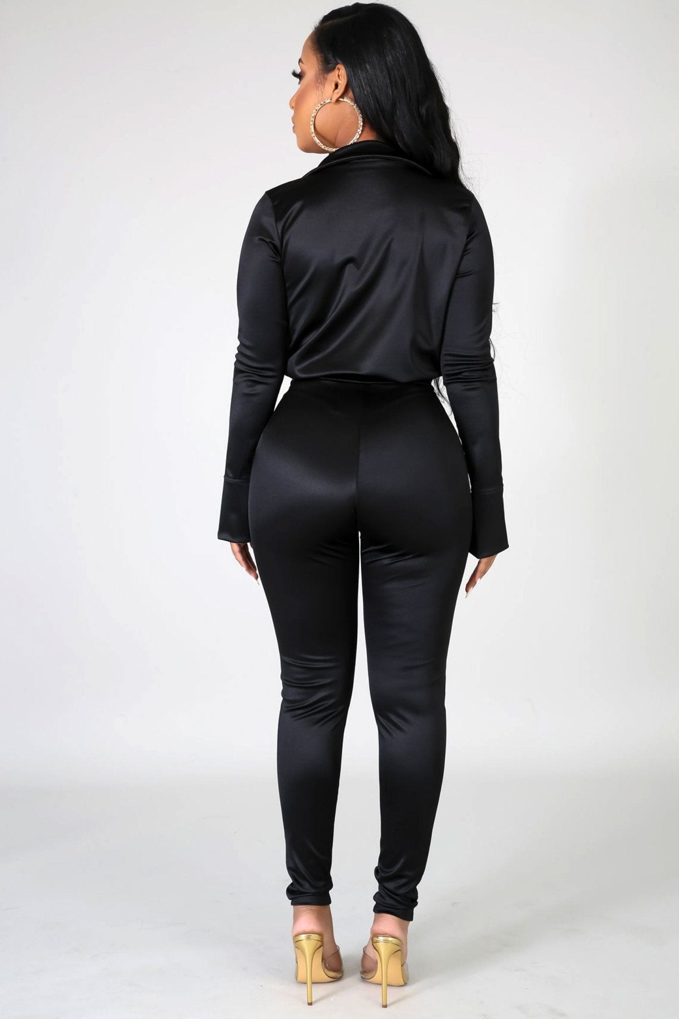 Abigail Collar Deep V Neck Long Sleeves Bodysuit and Pants Set - MY SEXY STYLES