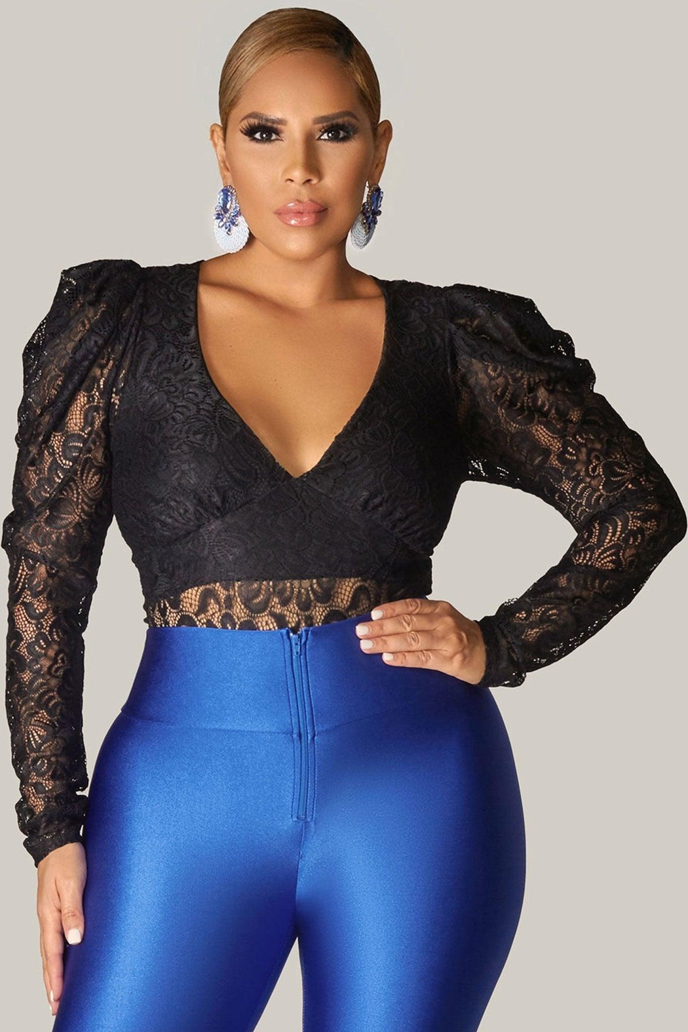 Amina Puff Shoulders Lace Bodysuit. - MY SEXY STYLES