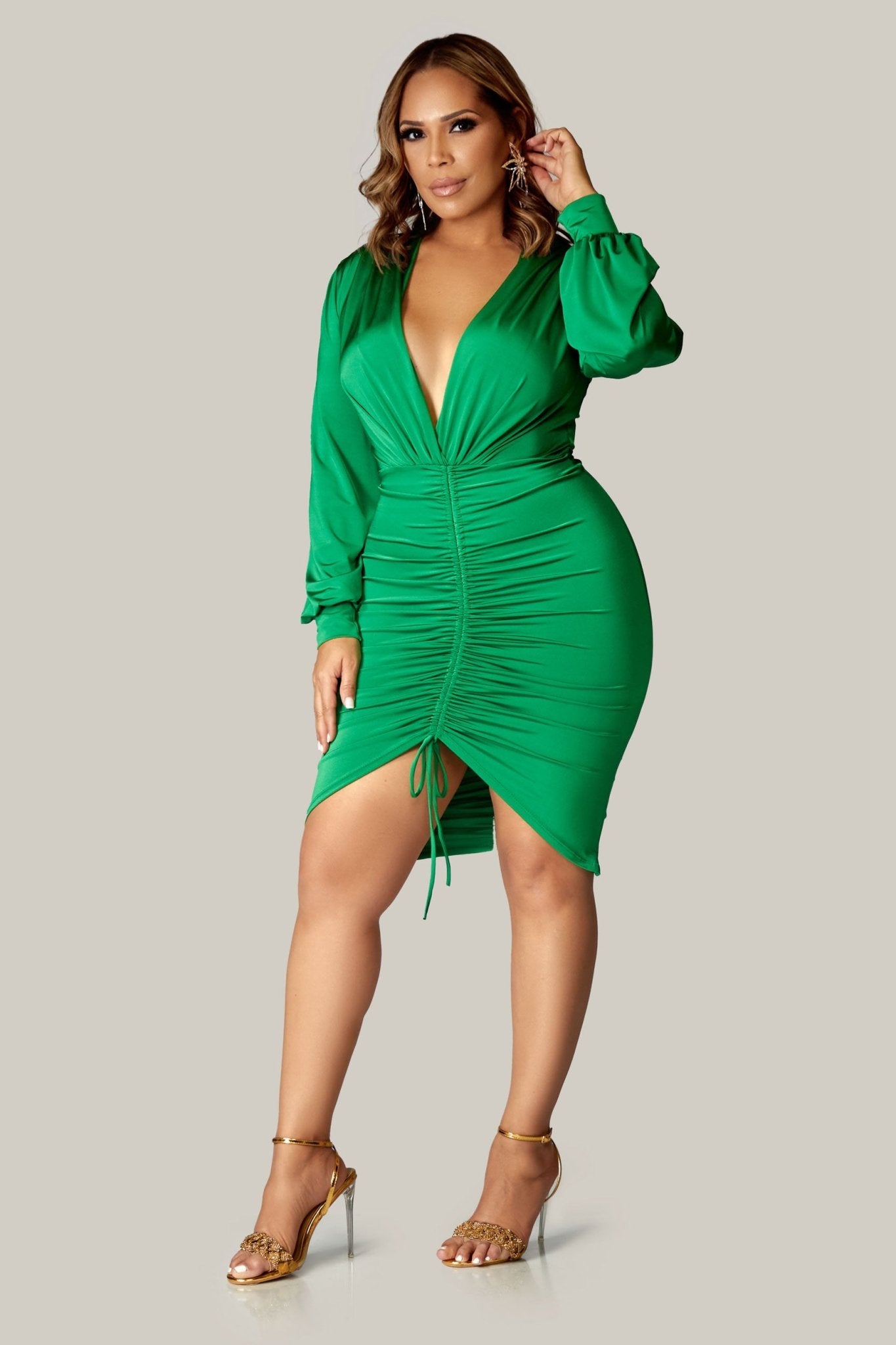 Azalea Ruched Front Long Sleeves Dress - MY SEXY STYLES