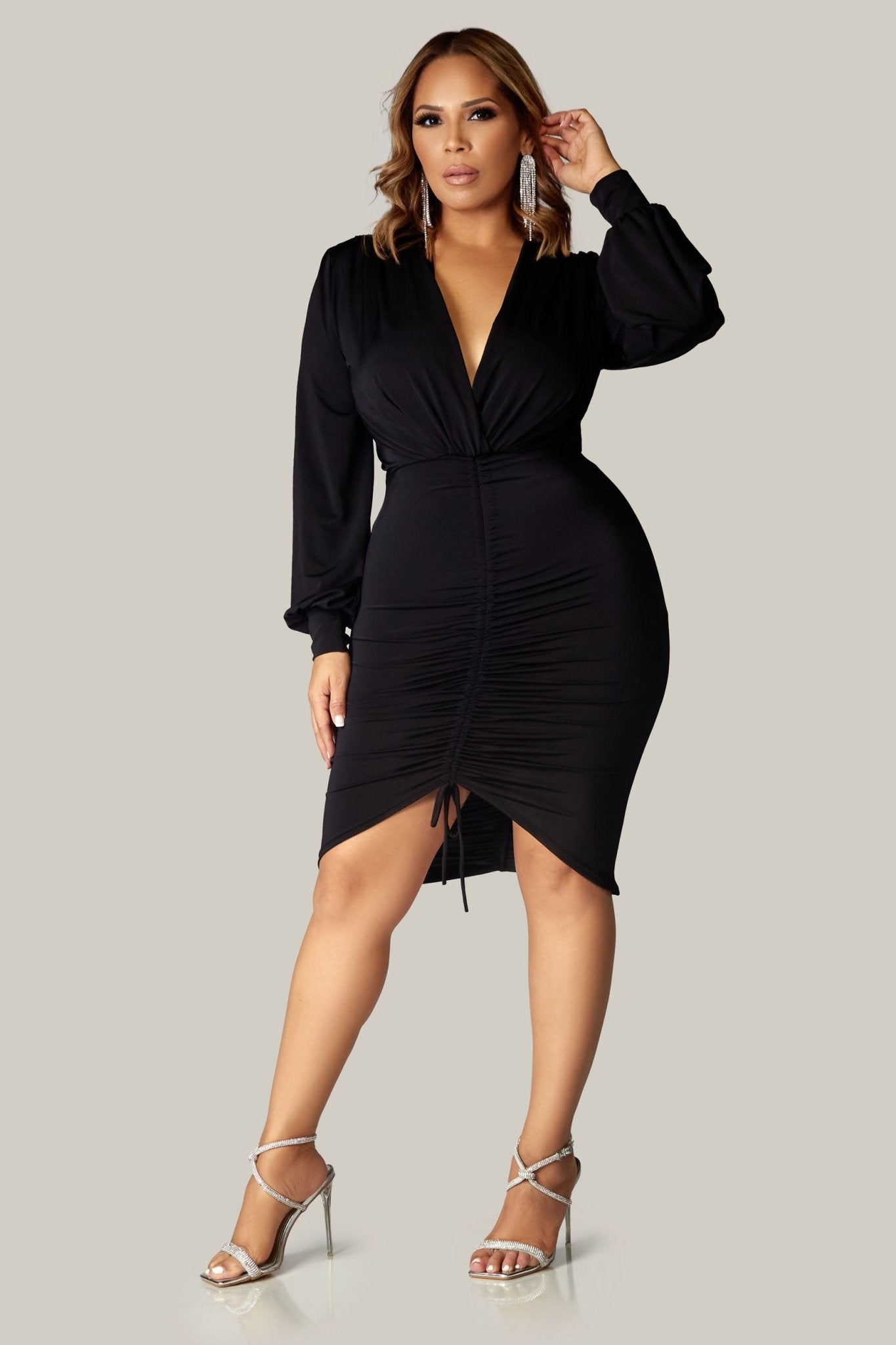 Azalea Ruched Front Long Sleeves Dress - MY SEXY STYLES