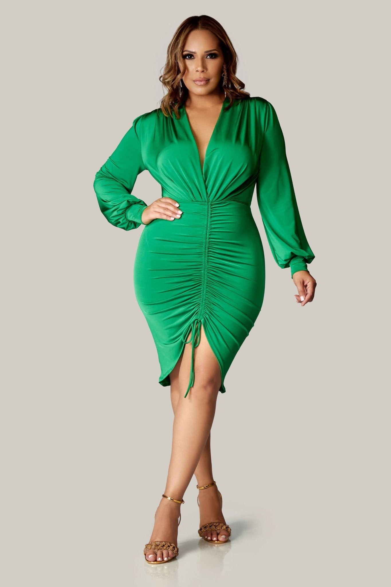 Azalea Ruched Front Long Sleeves Dress - MY SEXY STYLES