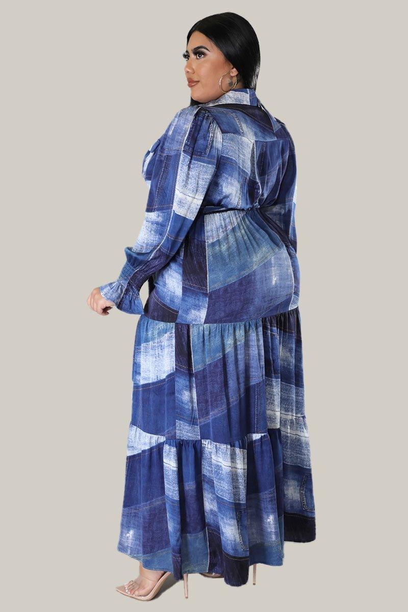 Cara Denim Print Maxi Belted Dress - MY SEXY STYLES