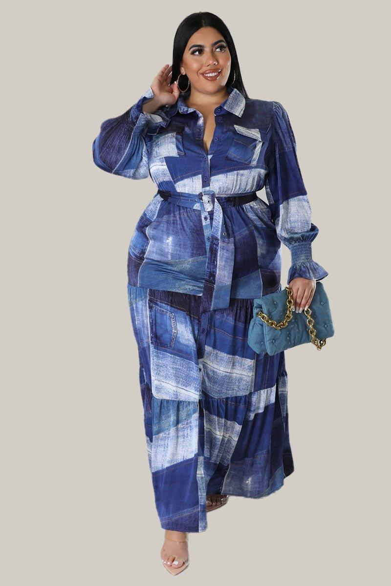 Cara Denim Print Maxi Belted Dress - MY SEXY STYLES