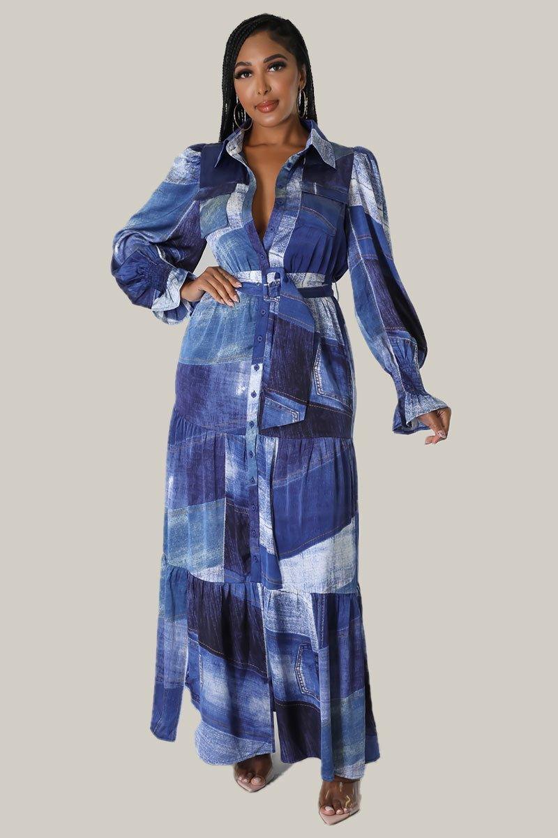 Cara Denim Print Maxi Belted Dress - MY SEXY STYLES