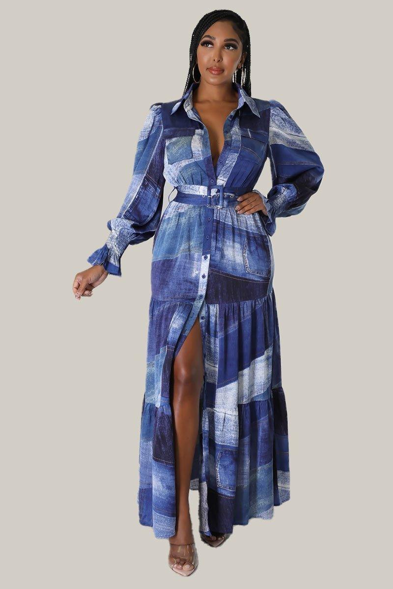 Cara Denim Print Maxi Belted Dress - MY SEXY STYLES