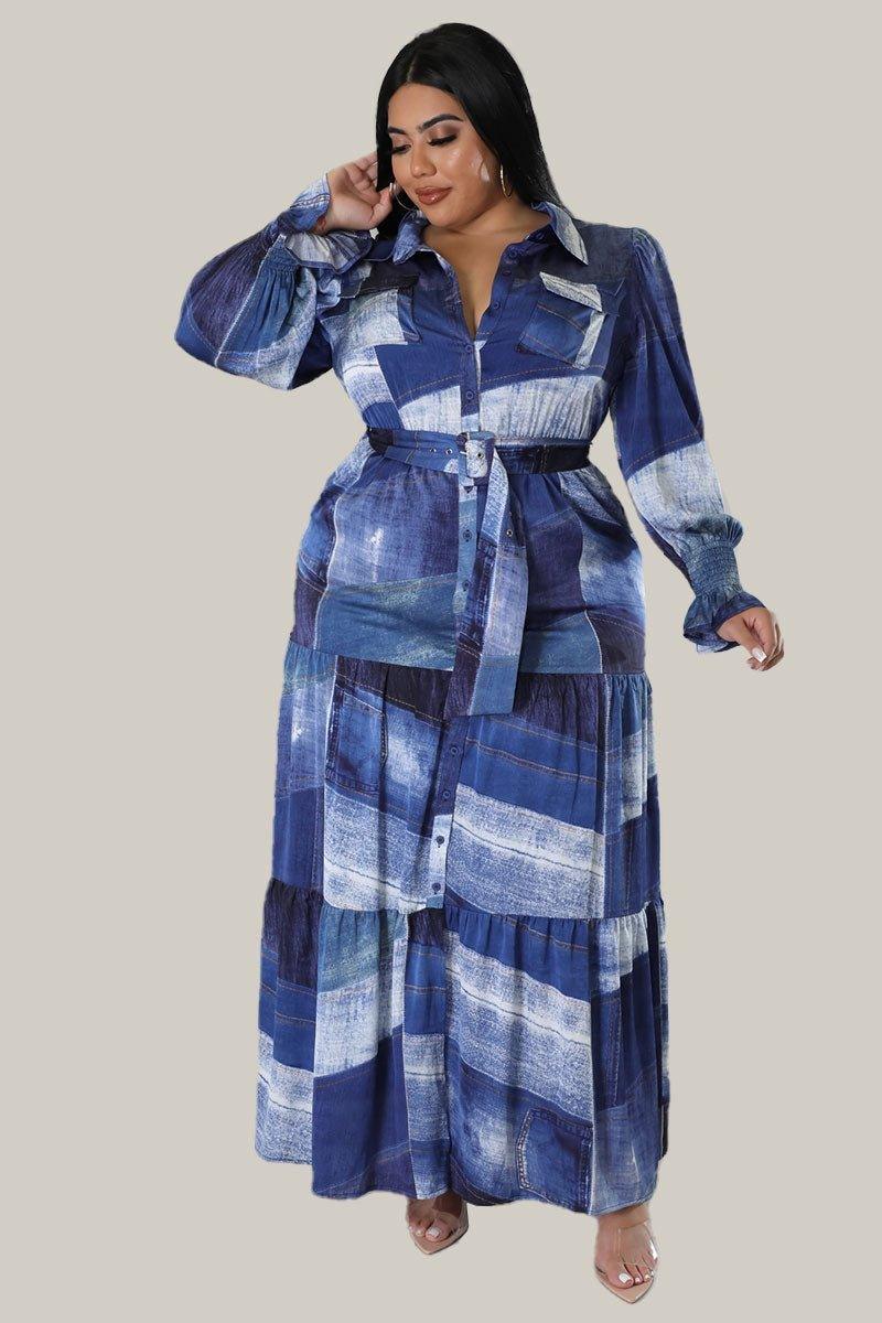 Cara Denim Print Maxi Belted Dress - MY SEXY STYLES