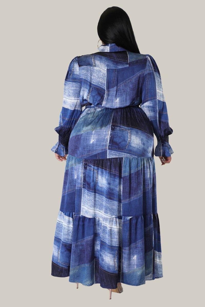 Cara Denim Print Maxi Belted Dress - MY SEXY STYLES