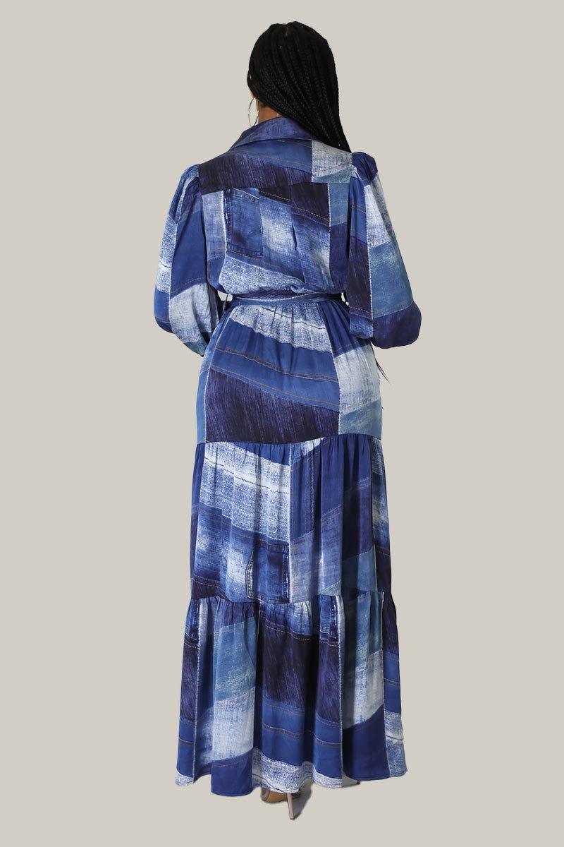 Cara Denim Print Maxi Belted Dress - MY SEXY STYLES