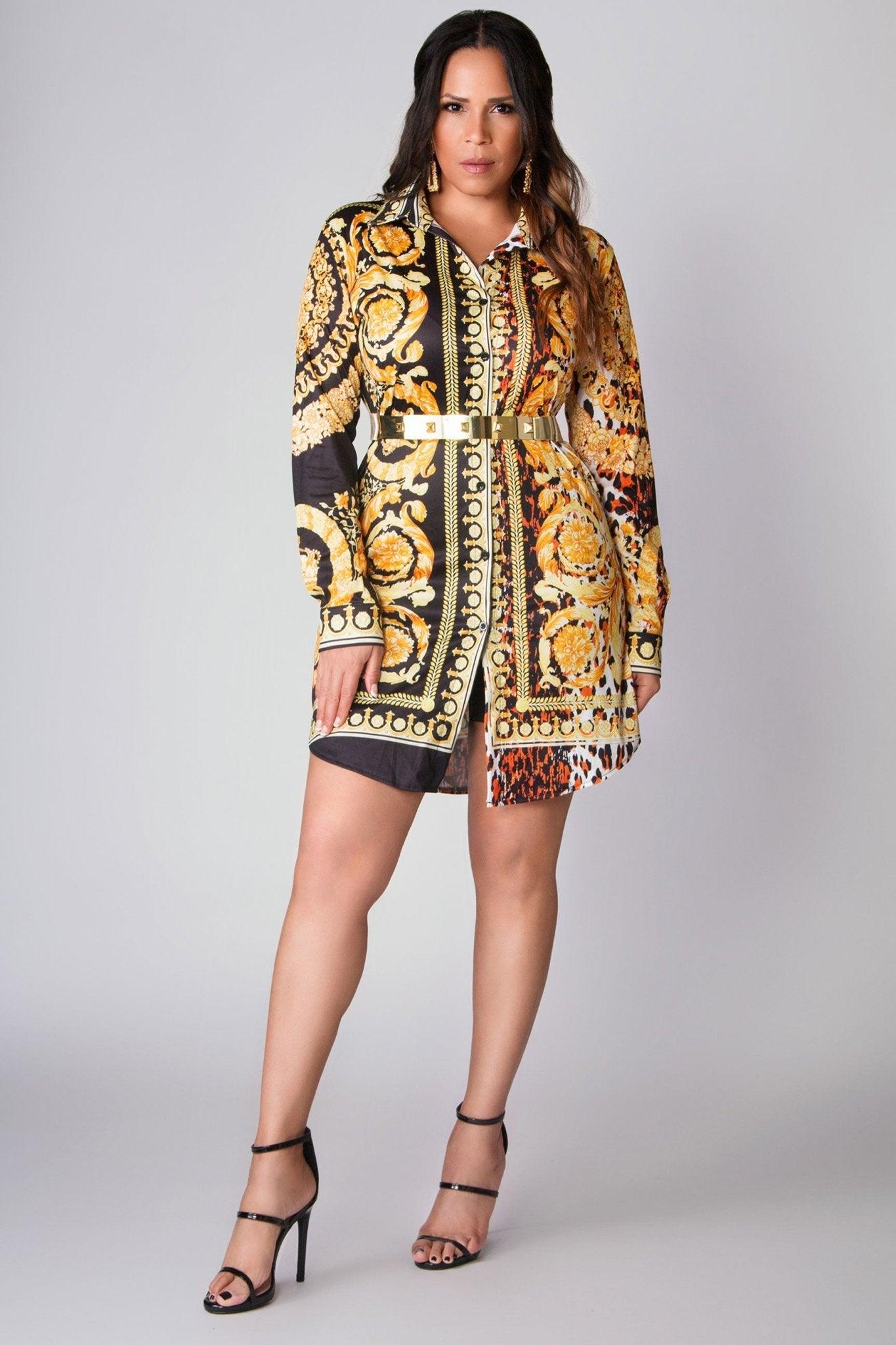 Danna Button Down Long Sleeves Colorful Retro Print Shirt Dress - MY SEXY STYLES