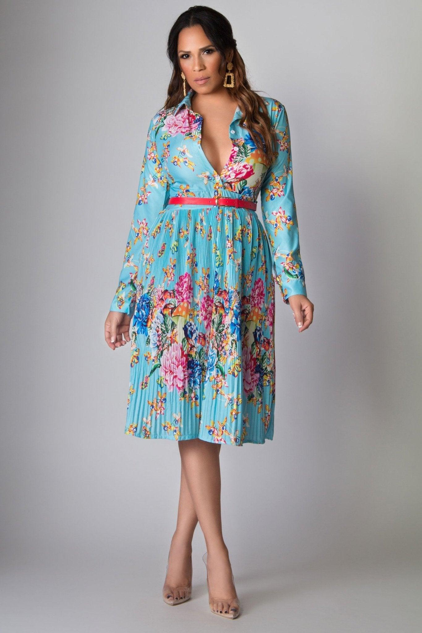 Elliott Floral Print Pleated Skirt Belted Classy Midi Dress - MY SEXY STYLES