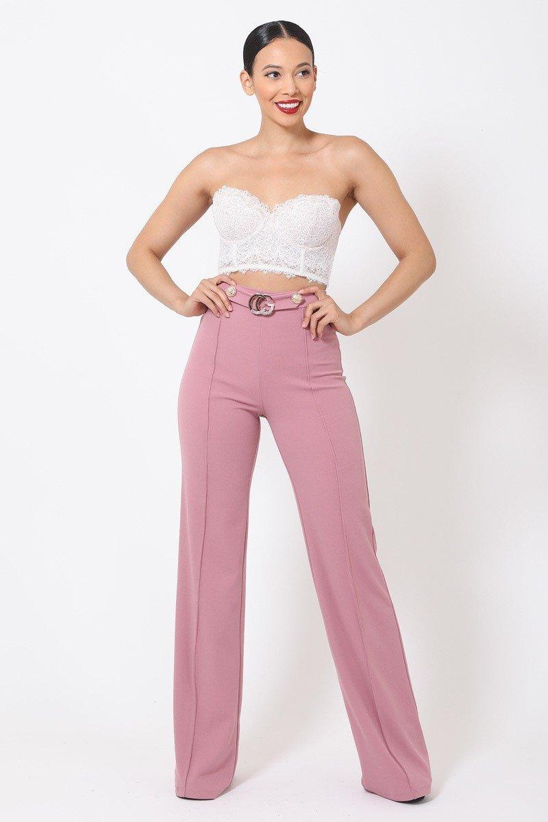 Gael Rhinestone G Buckle and Button Detail High Waist Pants in Mauve - MY SEXY STYLES