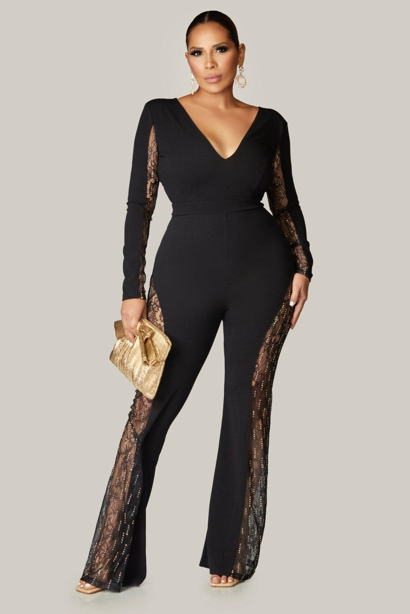 Gemini Hottie Rhinestone with Lace Paneled Jumpsuit - MY SEXY STYLES