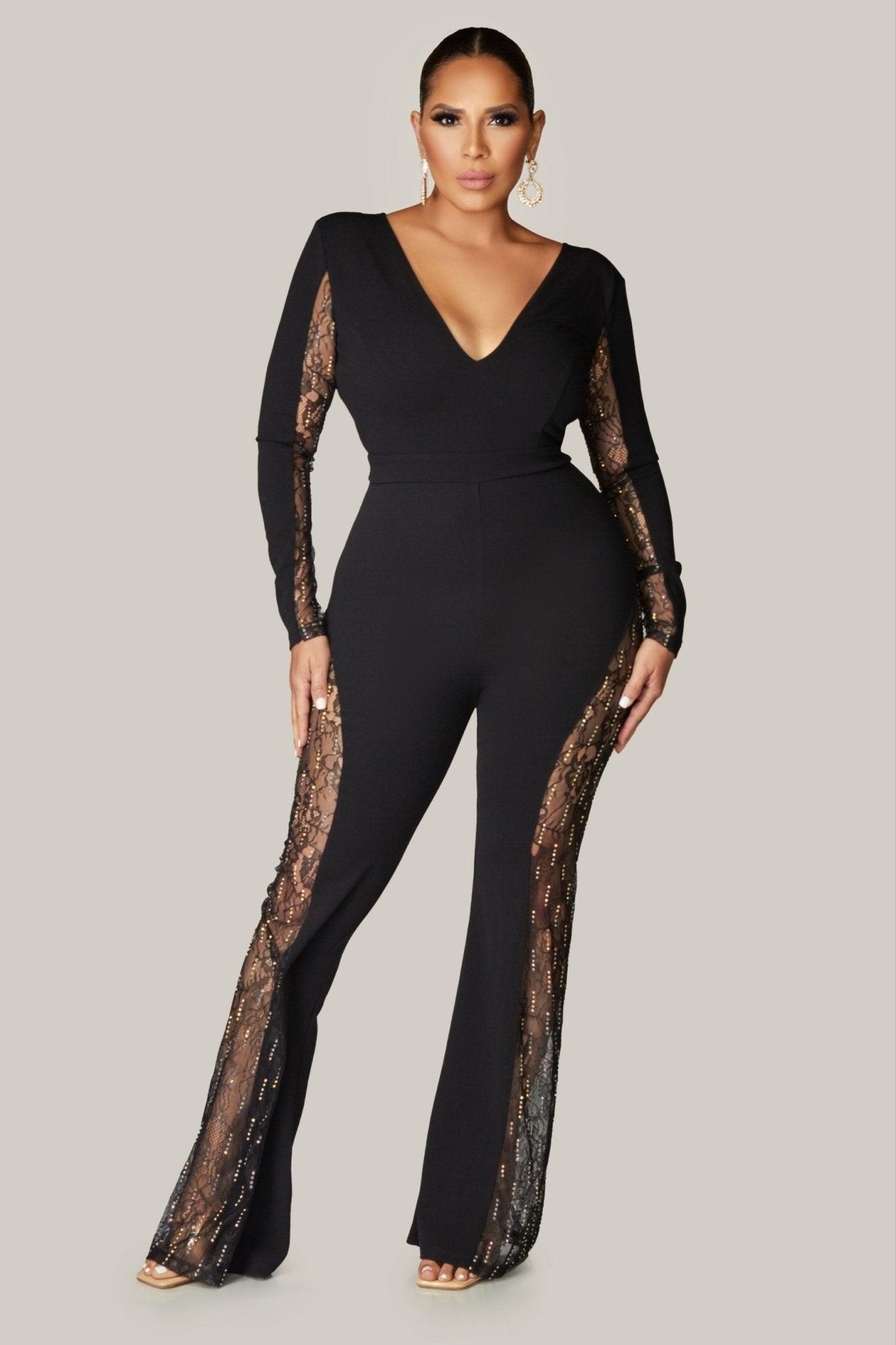 Gemini Hottie Rhinestone with Lace Paneled Jumpsuit - MY SEXY STYLES