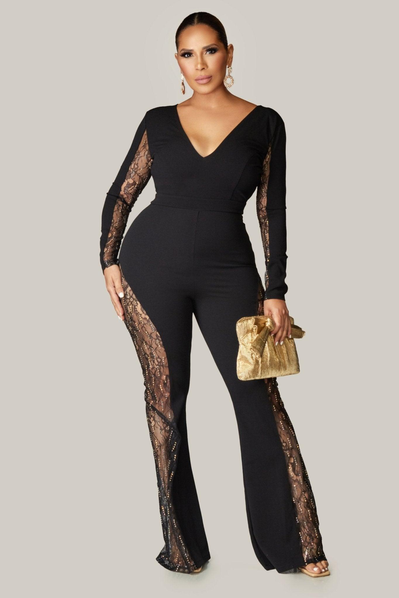 Gemini Hottie Rhinestone with Lace Paneled Jumpsuit - MY SEXY STYLES