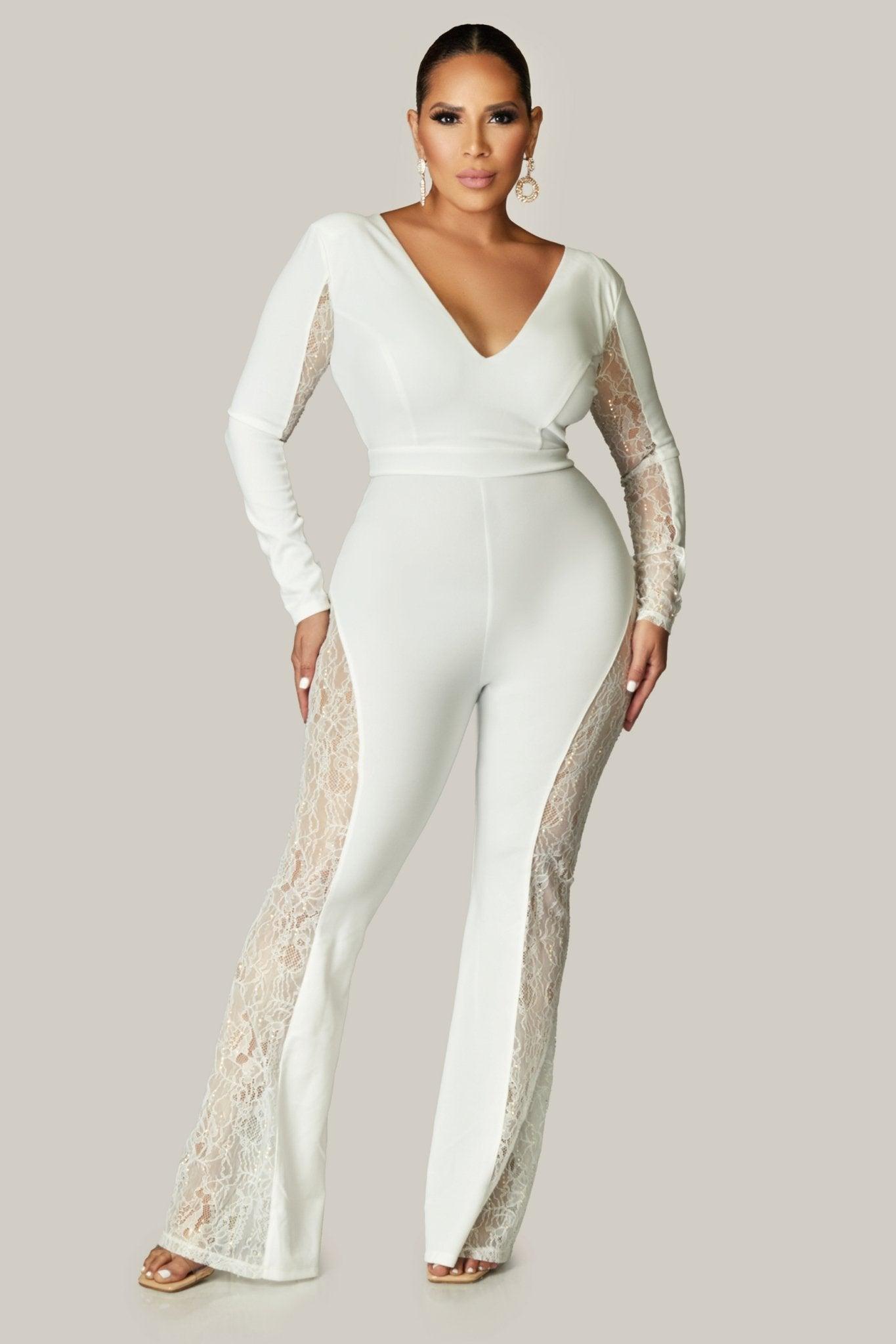 Gemini Hottie Rhinestone with Lace Paneled Jumpsuit - MY SEXY STYLES