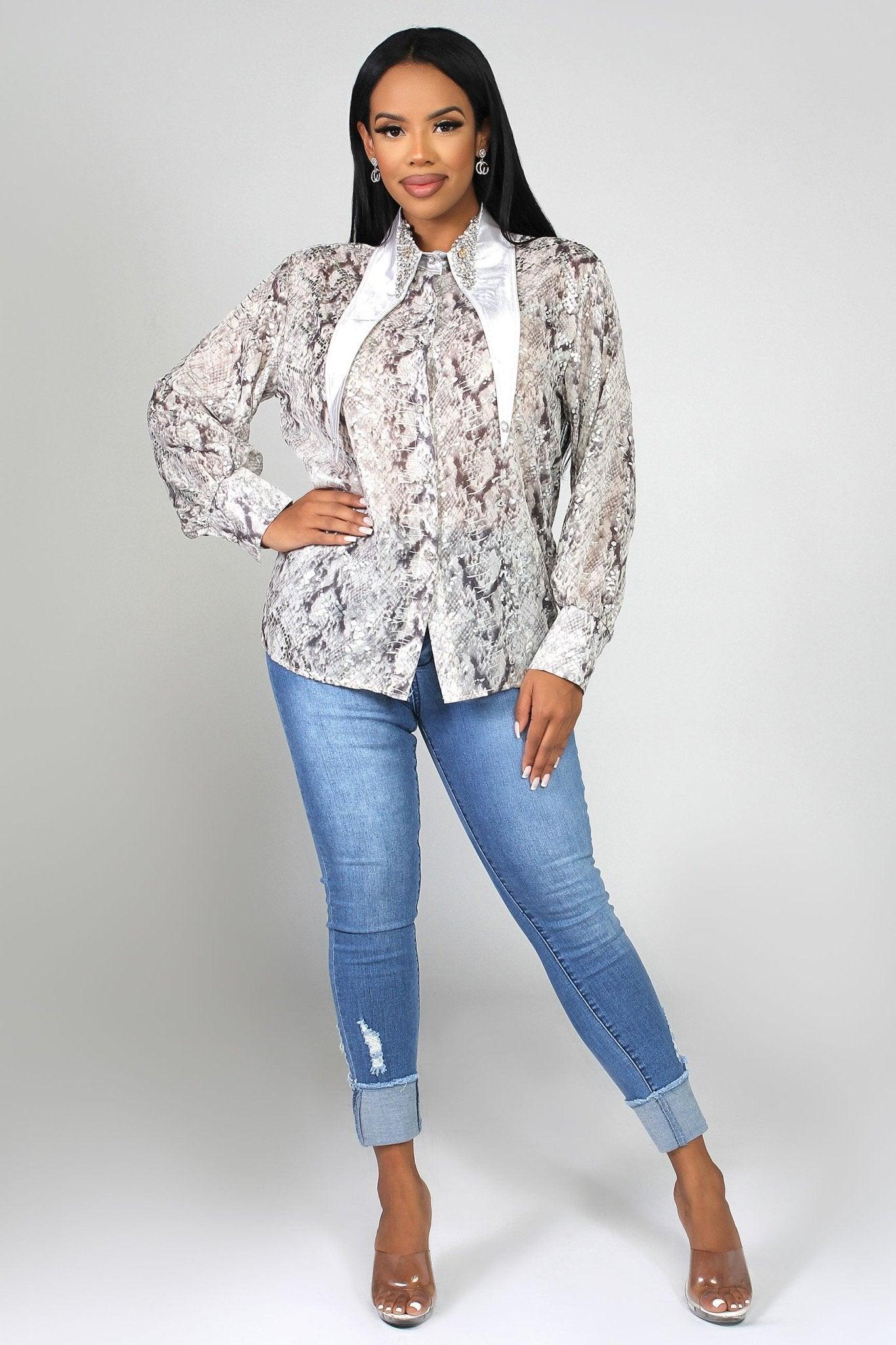 Keyla Studded Collar Blouse - MY SEXY STYLES