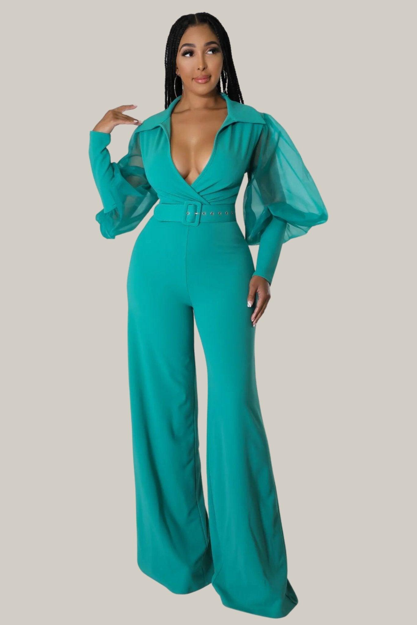 Kiana Puff Sleeves Belted Jumpsuit - MY SEXY STYLES