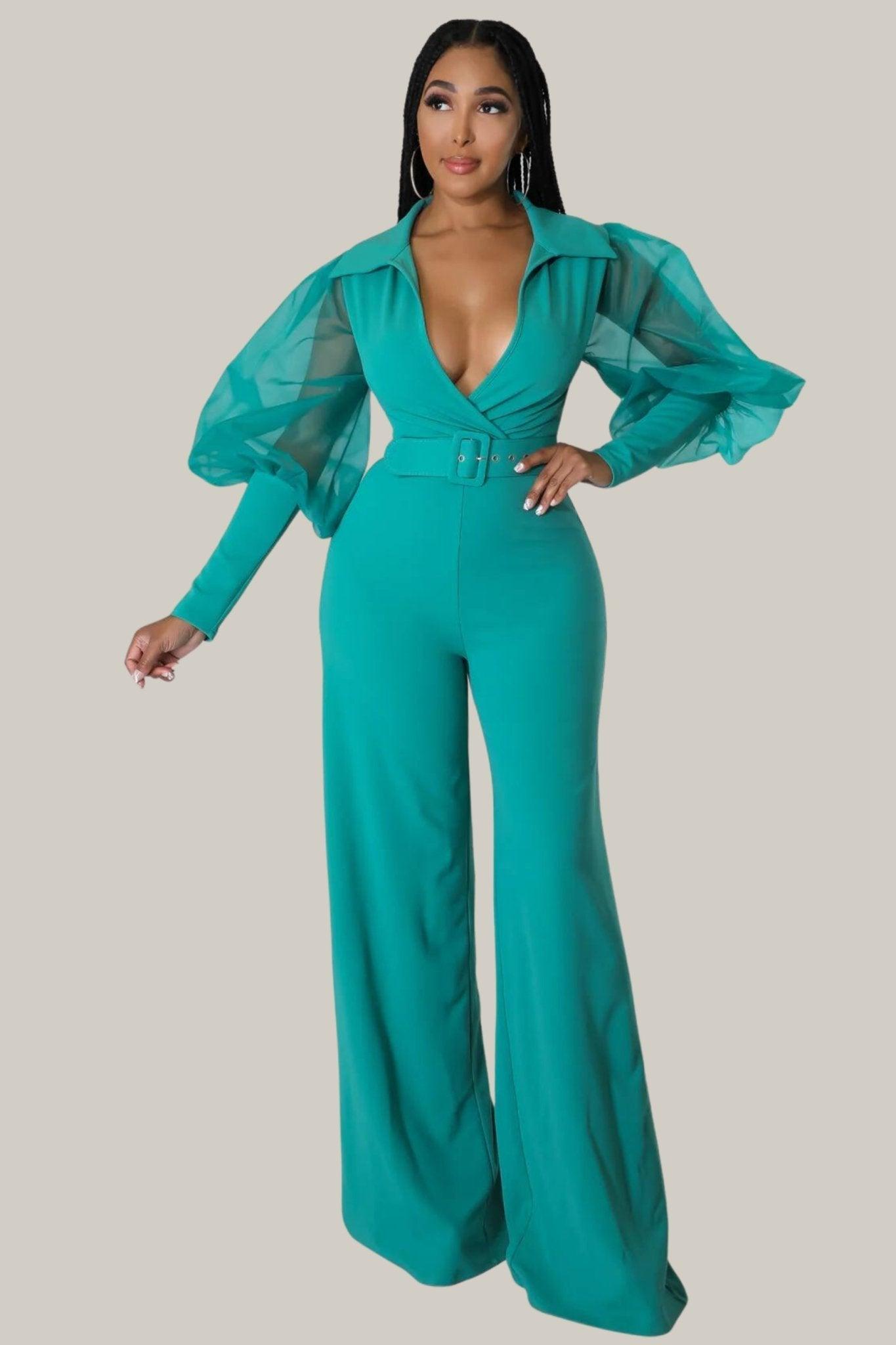 Kiana Puff Sleeves Belted Jumpsuit - MY SEXY STYLES