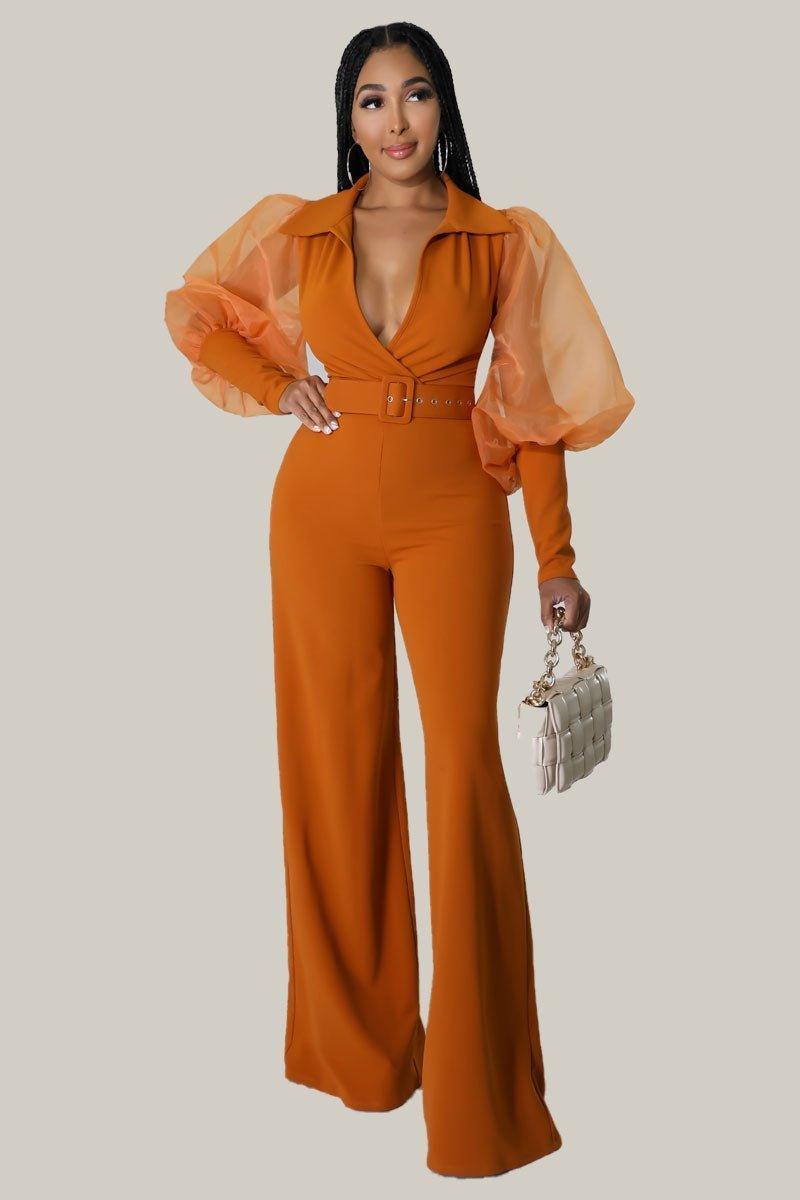 Kiana Puff Sleeves Belted Jumpsuit - MY SEXY STYLES