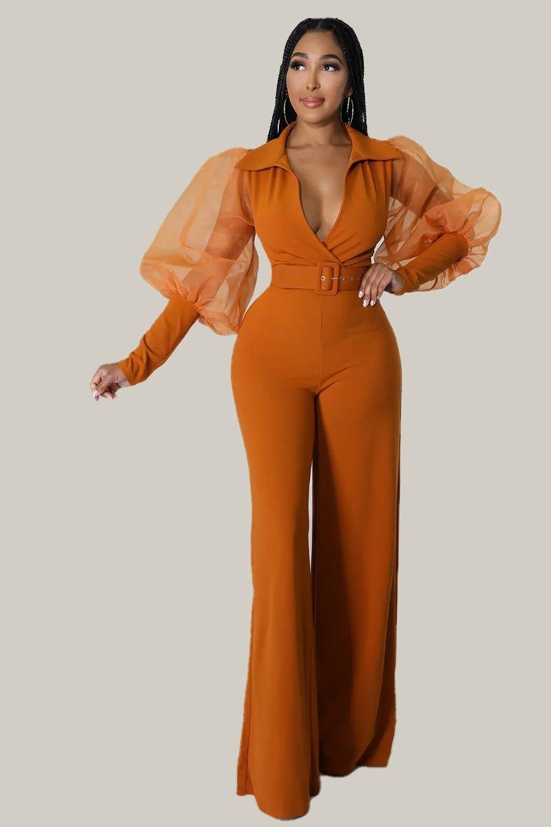 Kiana Puff Sleeves Belted Jumpsuit - MY SEXY STYLES