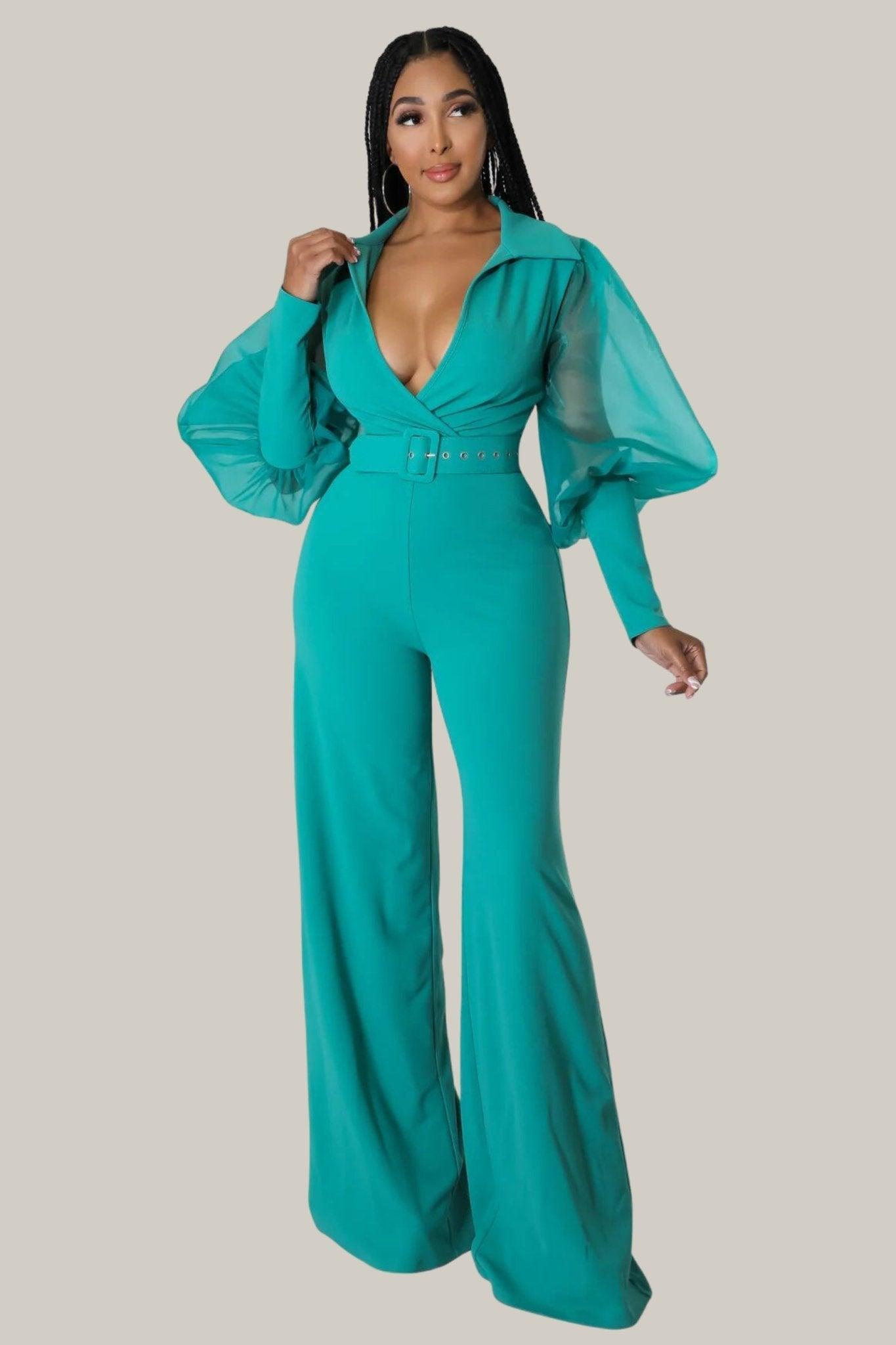 Kiana Puff Sleeves Belted Jumpsuit - MY SEXY STYLES
